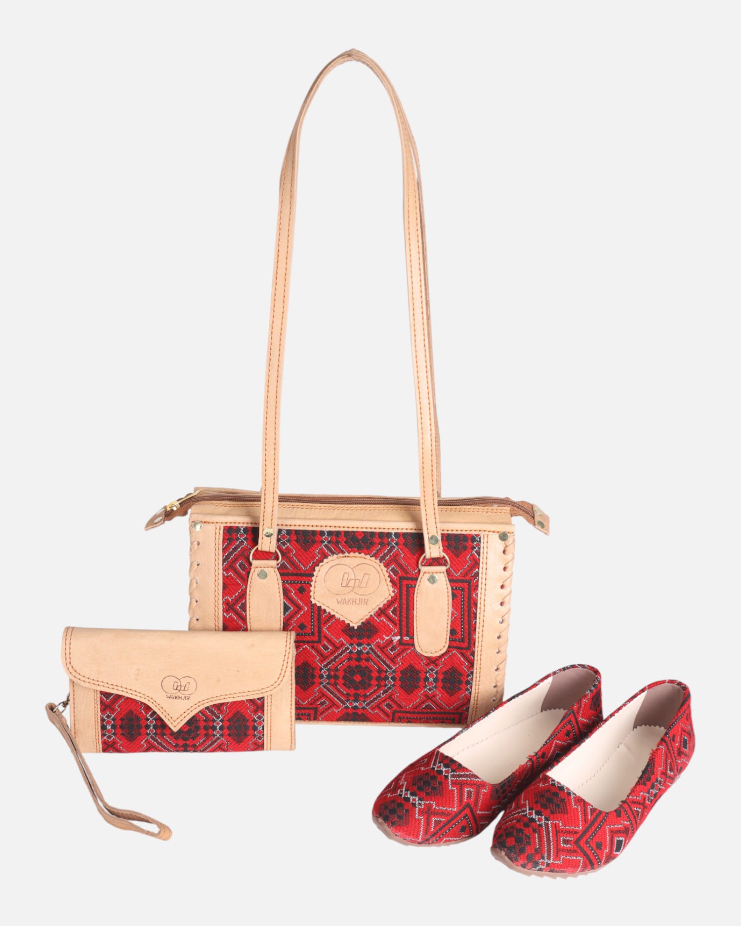 Bag & Shoes Set – Handwoven Red Fabric, Natural Goat Leather