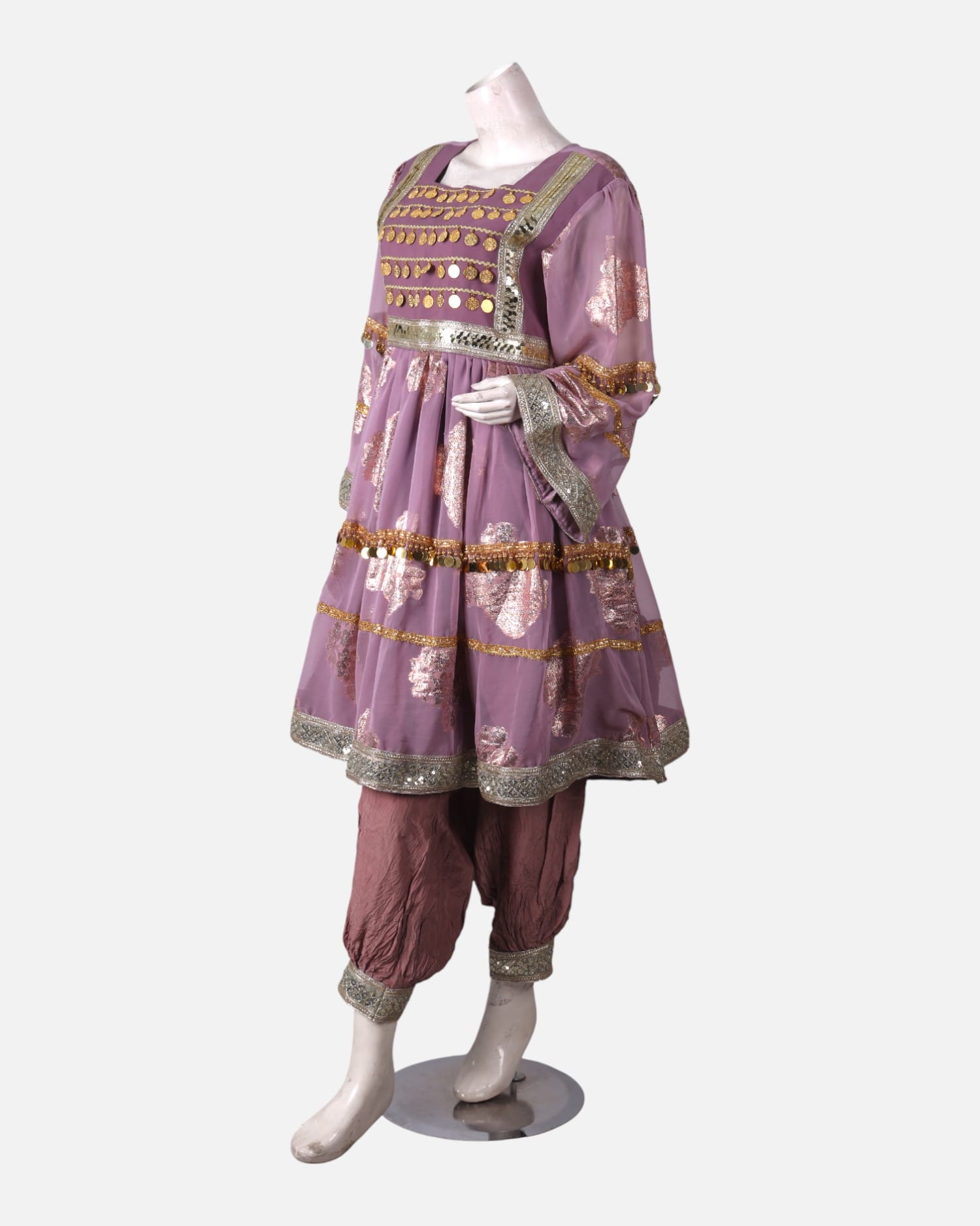 Dusty Rose Afghan Party Dress with Gold Coin Embellishments – Handmade Traditional Outfit