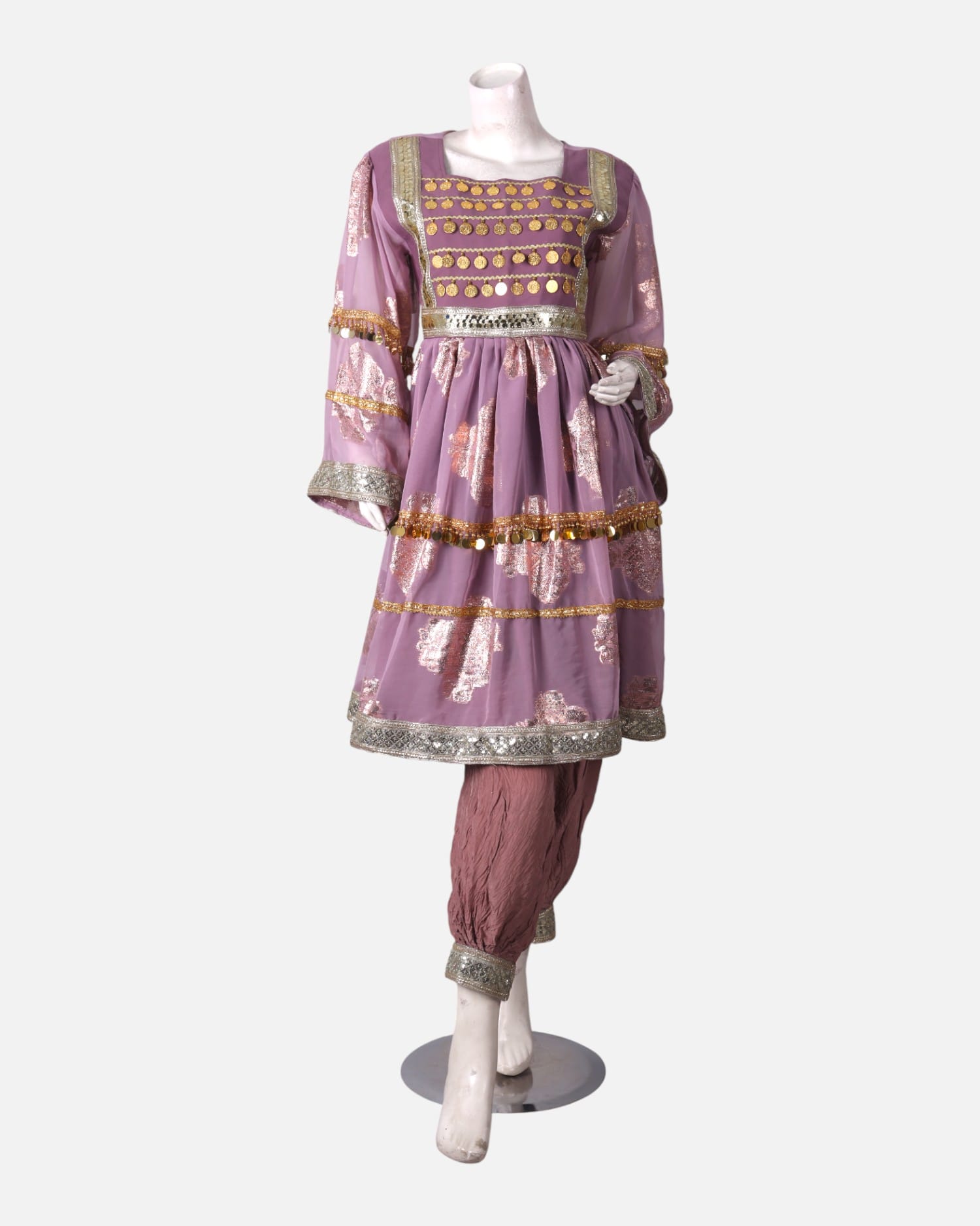 Dusty Rose Afghan Party Dress with Gold Coin Embellishments – Handmade Traditional Outfit