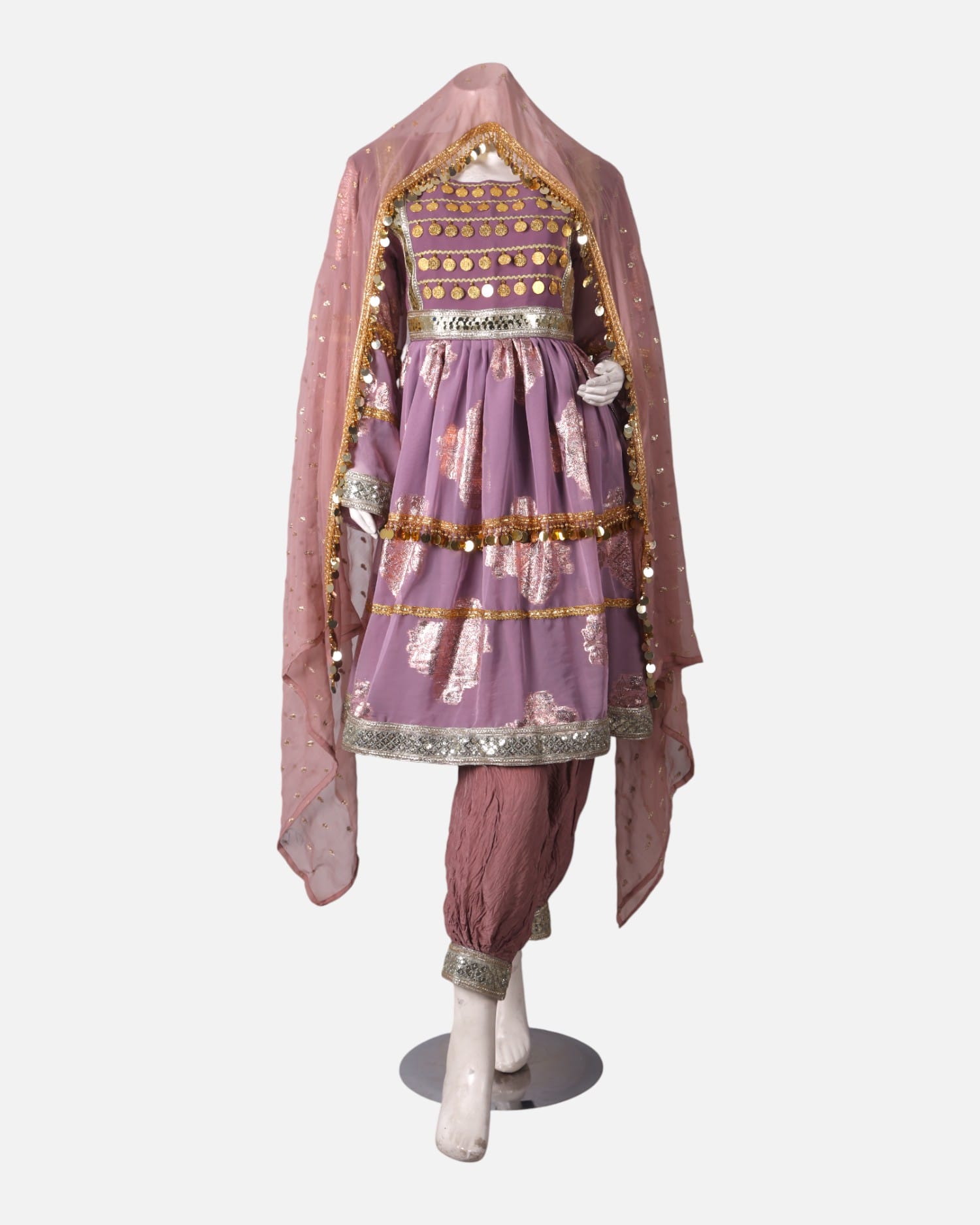 Dusty Rose Afghan Party Dress with Gold Coin Embellishments – Handmade Traditional Outfit