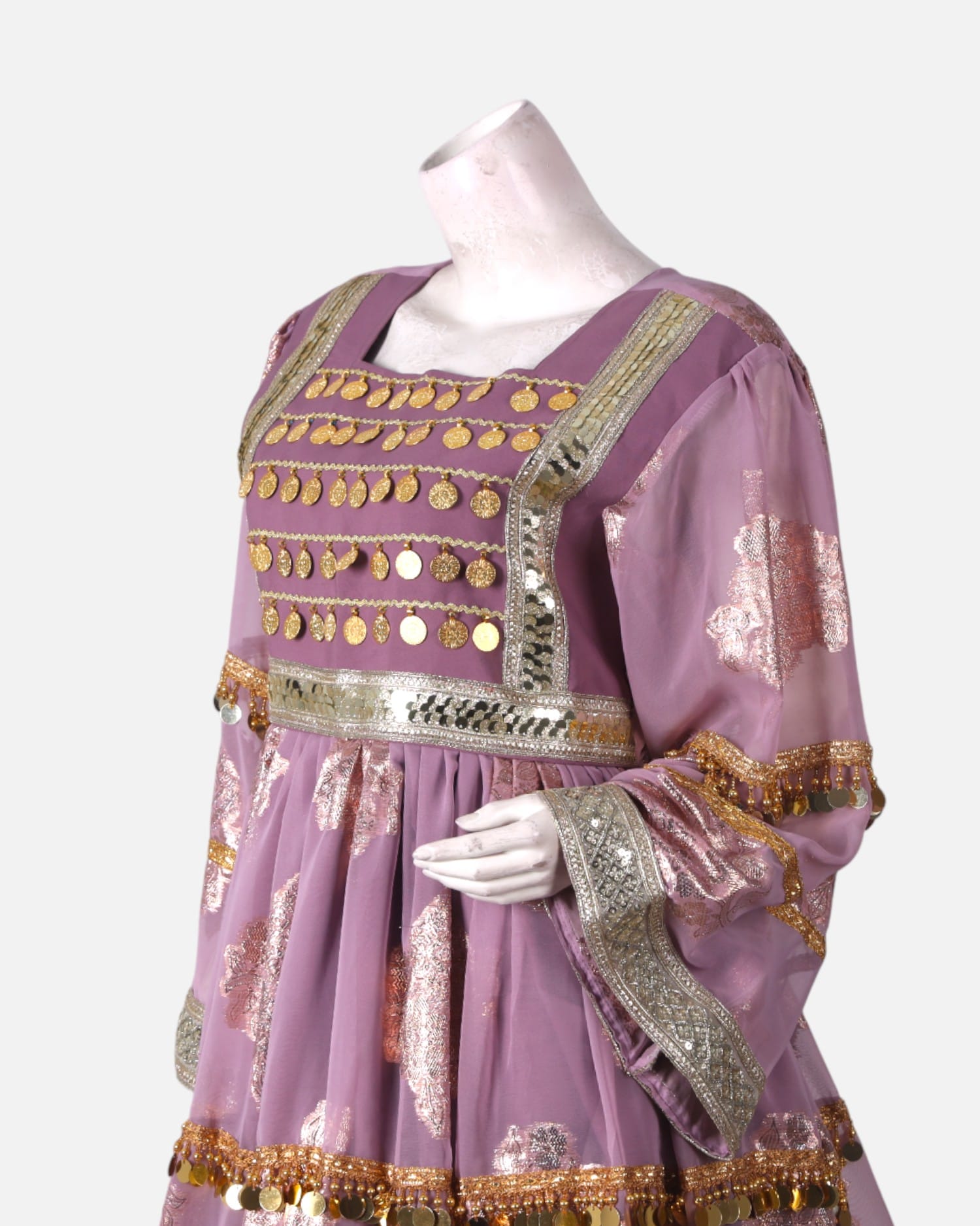 Dusty Rose Afghan Party Dress with Gold Coin Embellishments – Handmade Traditional Outfit