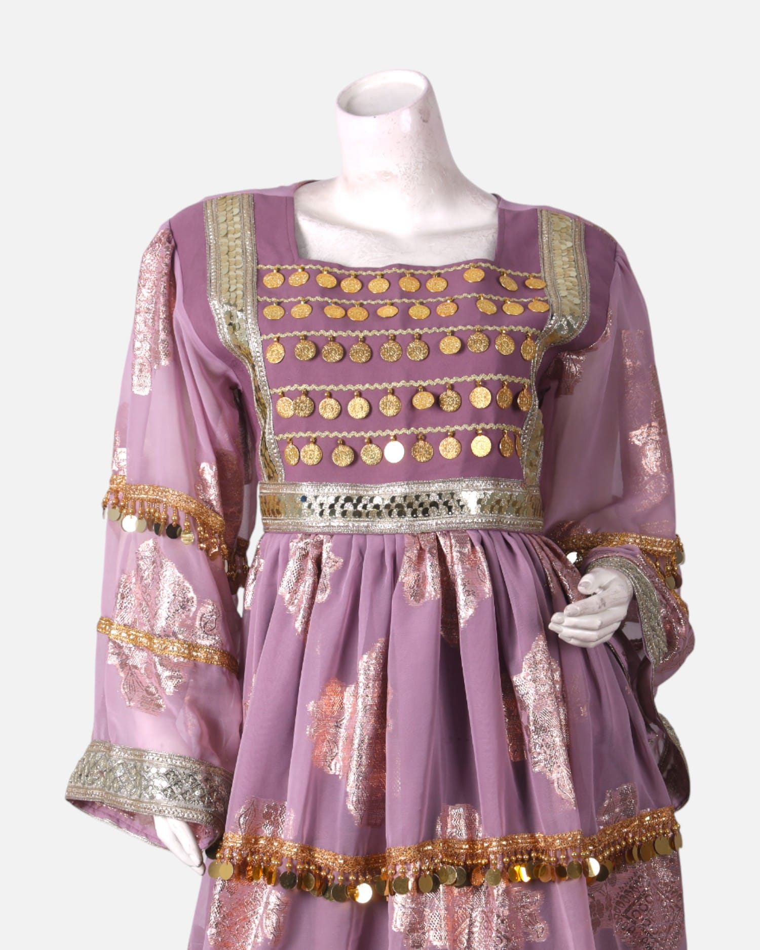 Dusty Rose Afghan Party Dress with Gold Coin Embellishments – Handmade Traditional Outfit