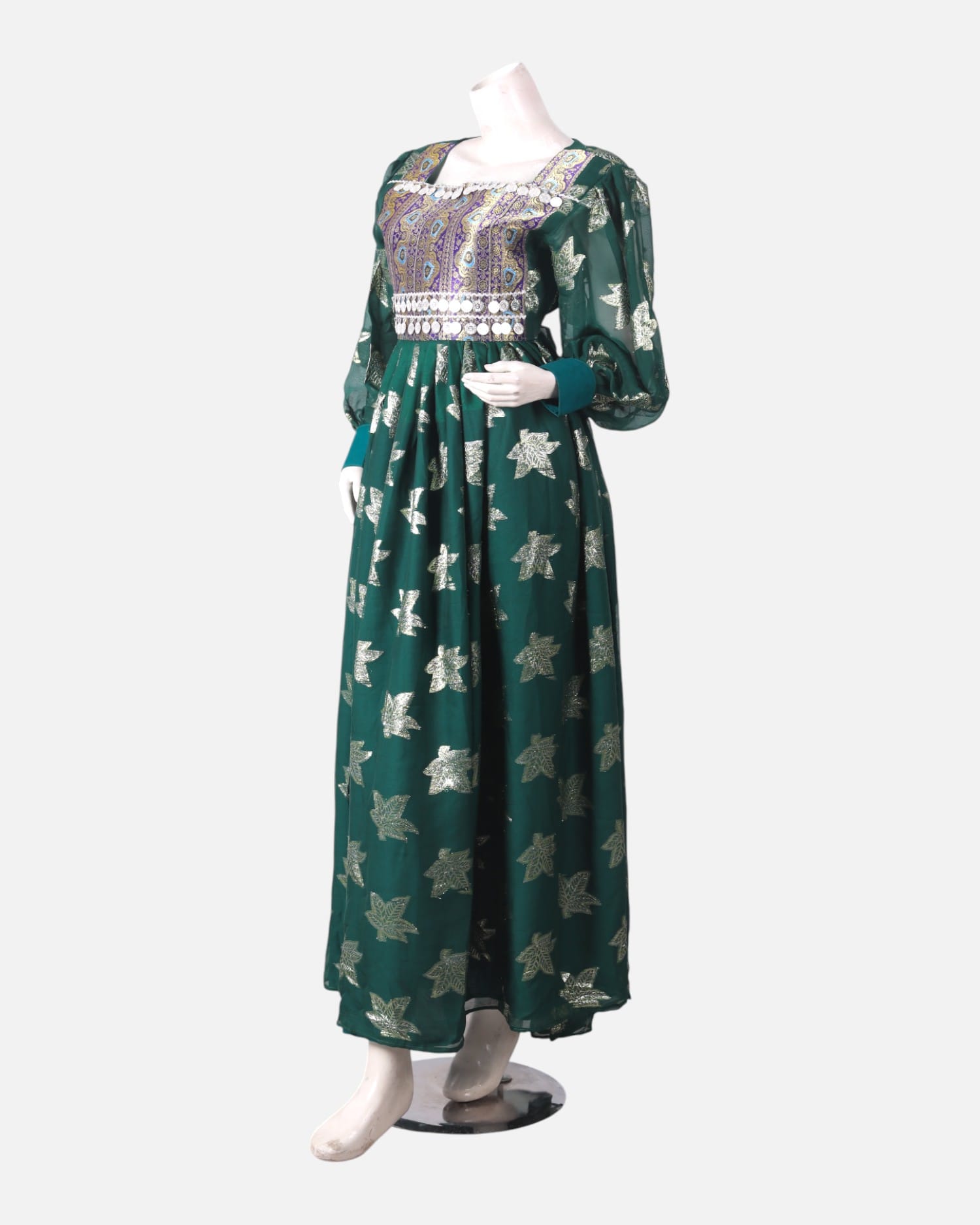 Green Afghan Mahfili Dress – Handmade White Embroidery, Cultural & Festive Wear