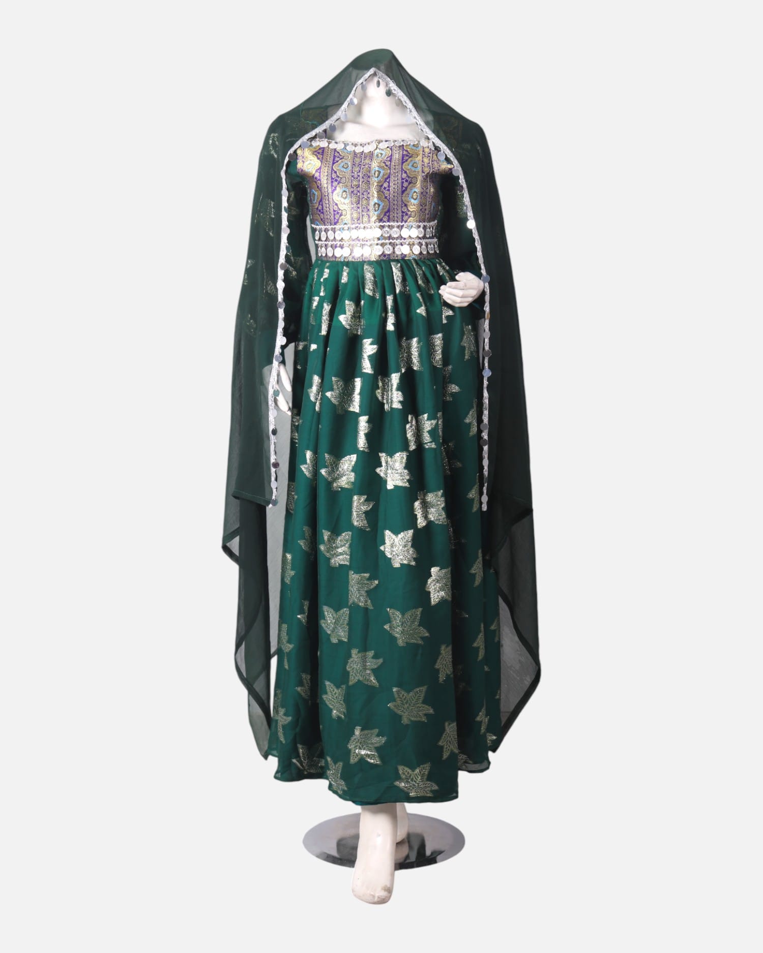Green Afghan Mahfili Dress – Handmade White Embroidery, Cultural & Festive Wear