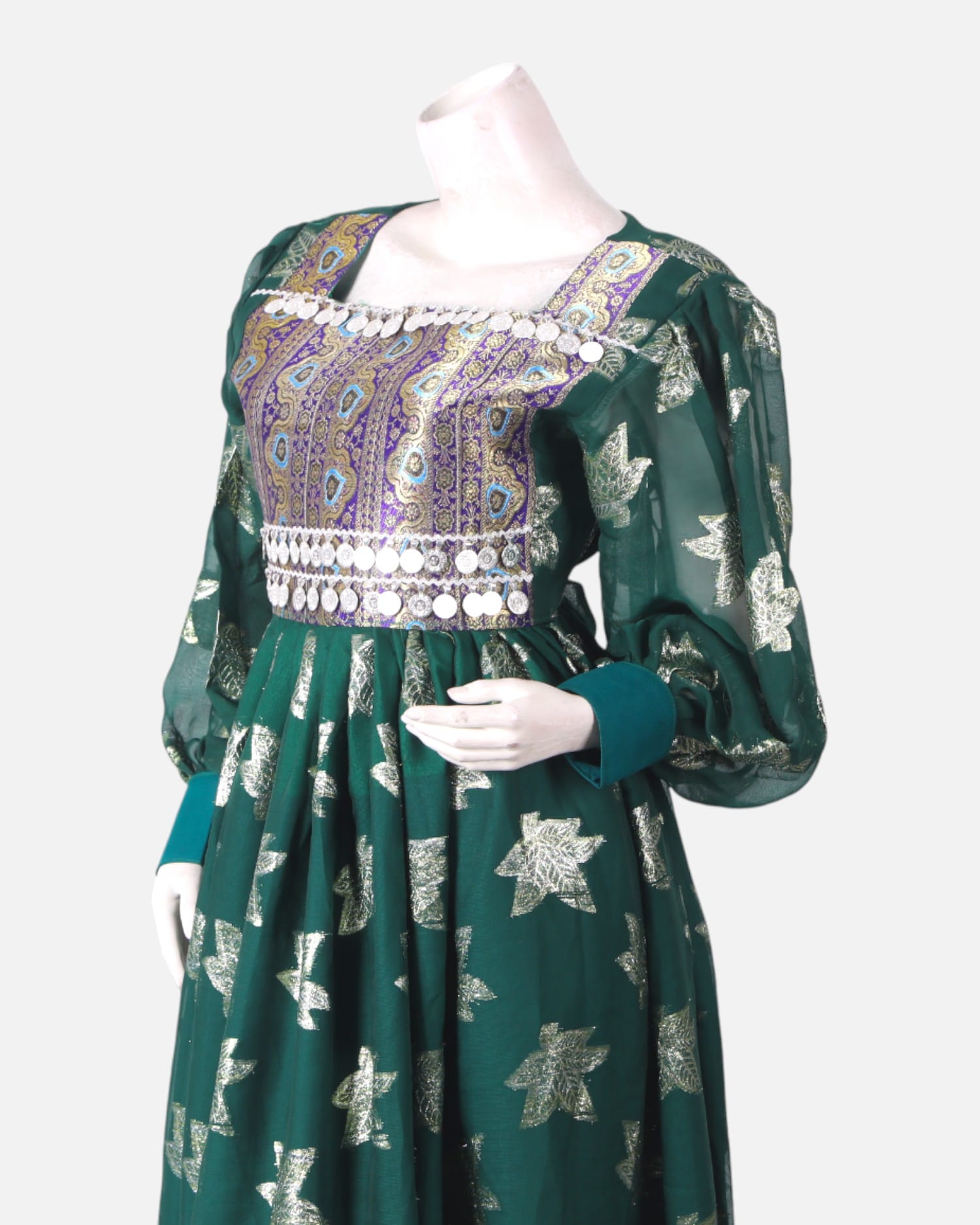 Green Afghan Mahfili Dress – Handmade White Embroidery, Cultural & Festive Wear