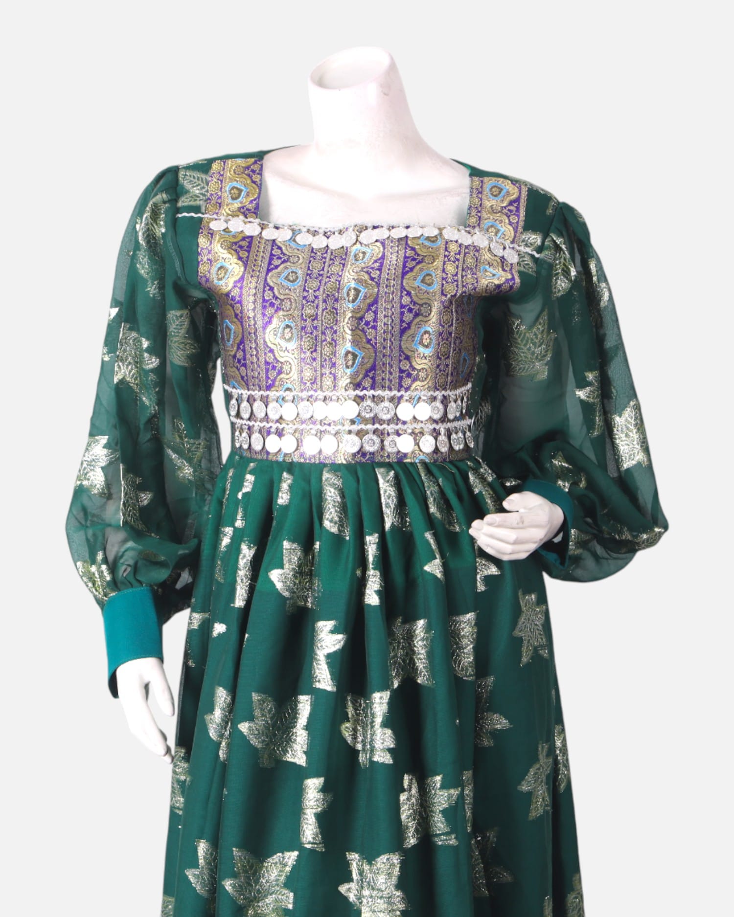 Green Afghan Mahfili Dress – Handmade White Embroidery, Cultural & Festive Wear