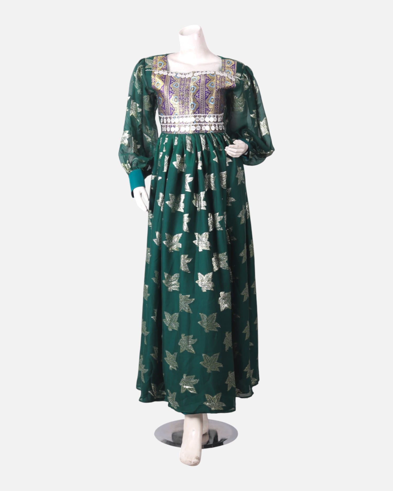 Green Afghan Mahfili Dress – Handmade White Embroidery, Cultural & Festive Wear