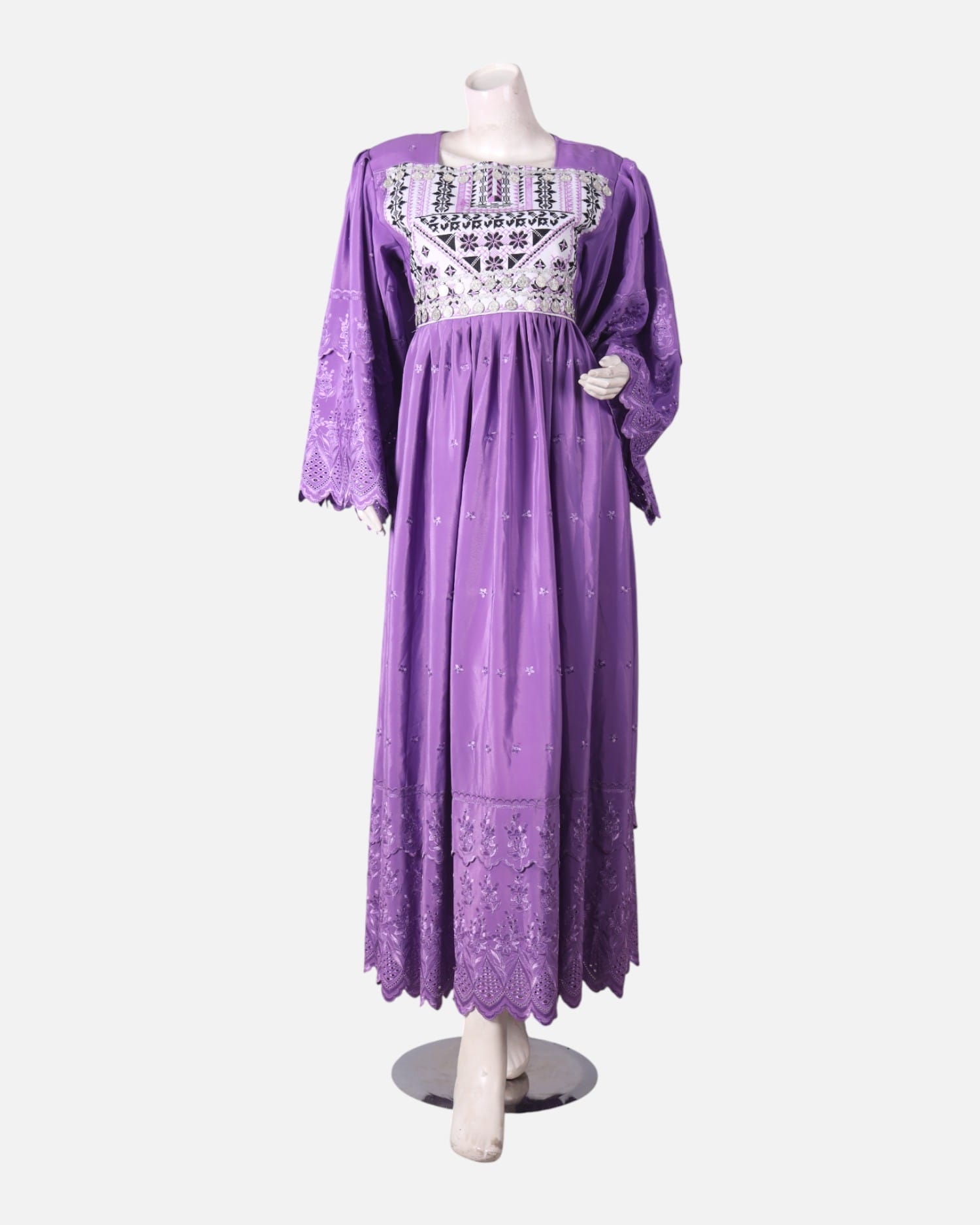 Elegant Purple Afghan Dress | Traditional Handmade Embroidered Outfit with white Details