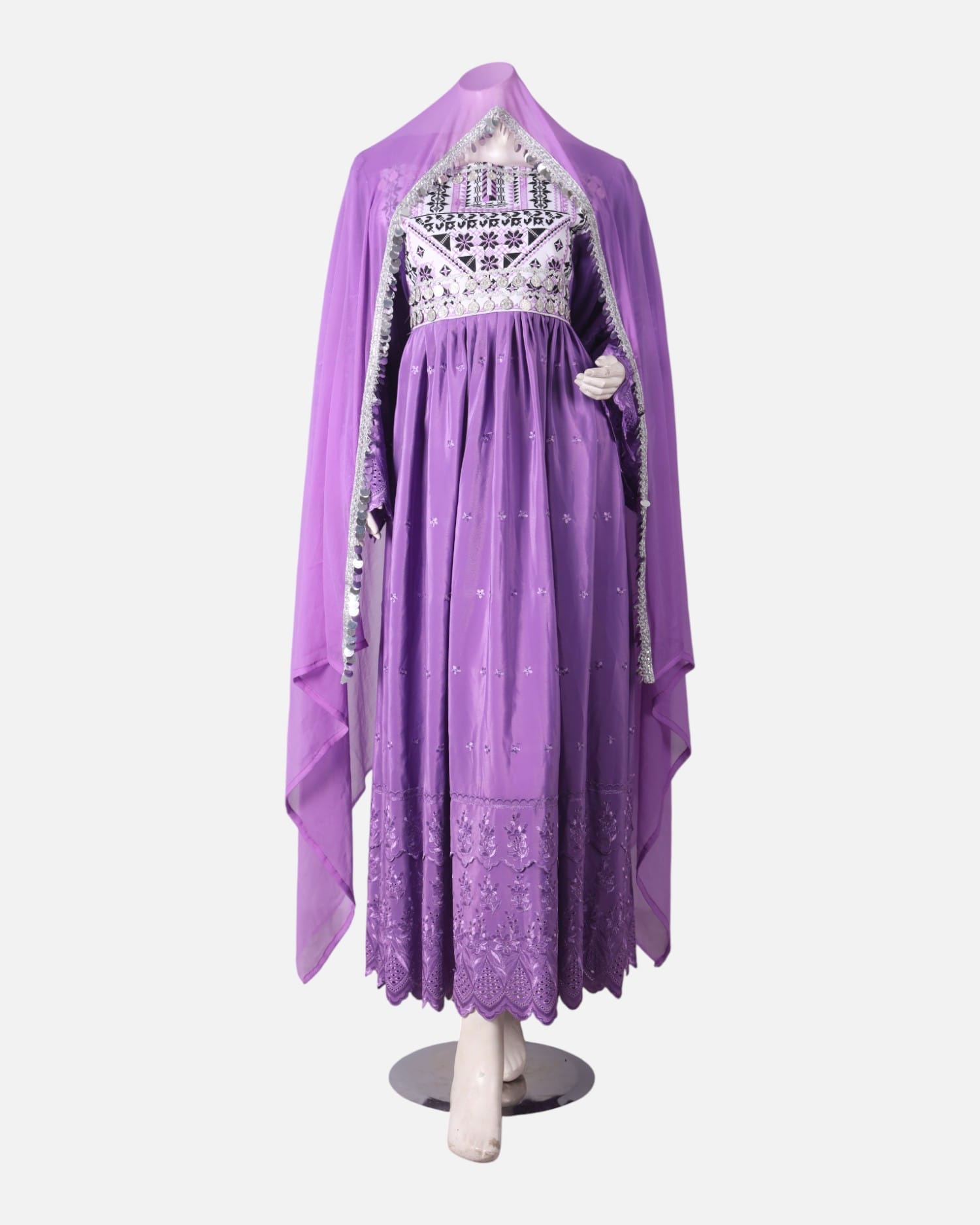 Elegant Purple Afghan Dress | Traditional Handmade Embroidered Outfit with white Details