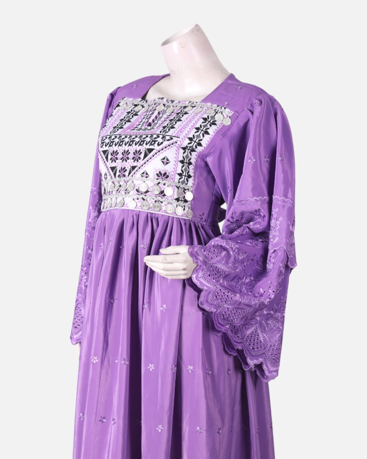 Elegant Purple Afghan Dress | Traditional Handmade Embroidered Outfit with white Details