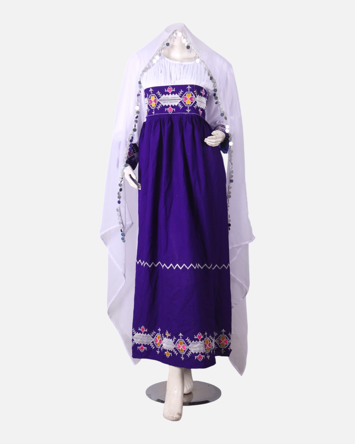 Blue & White Gandi Afghani Party Dress – Hand Embroidered Cotton Traditional Wear