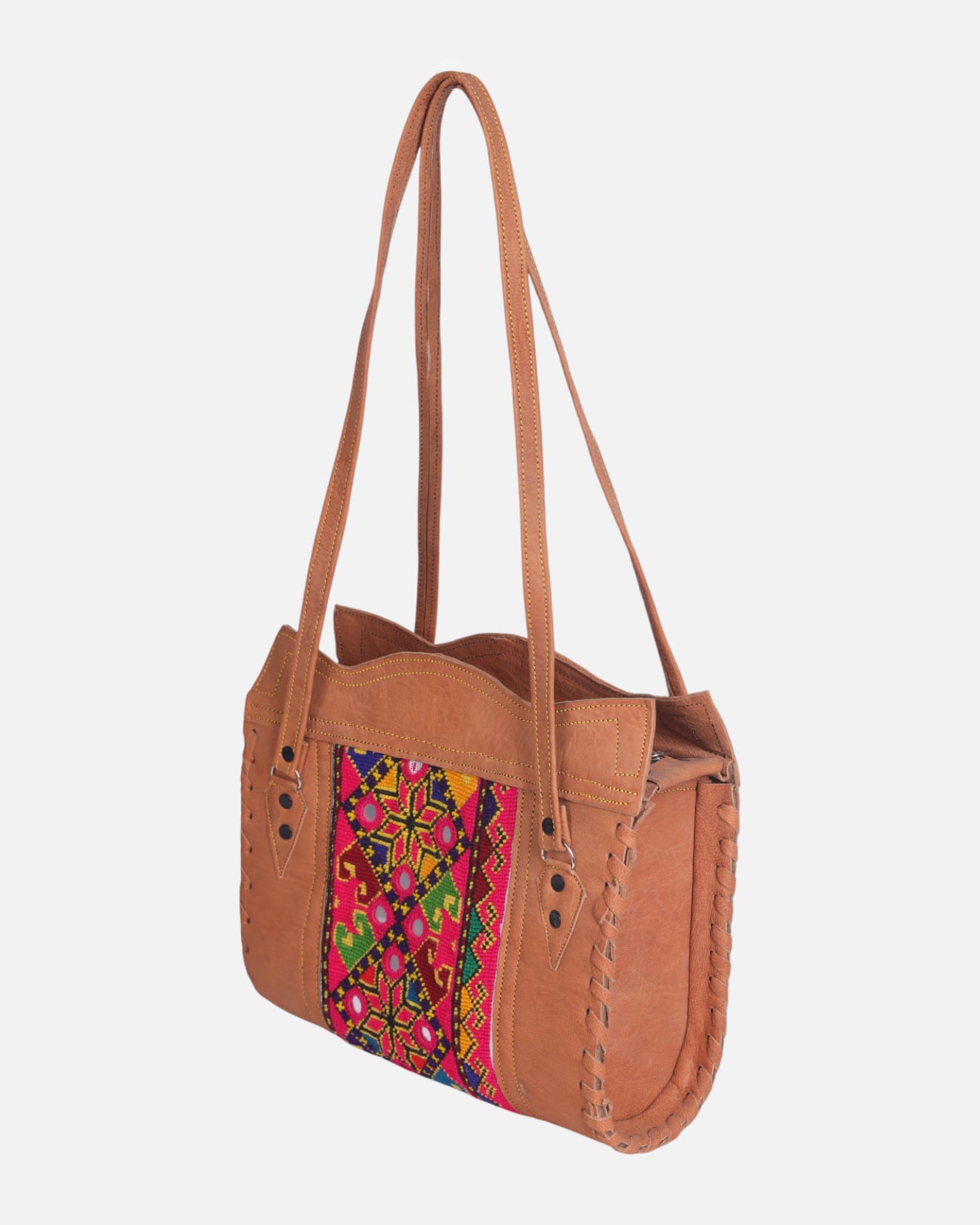 Leather Tote Bag with Colorful Embroidery