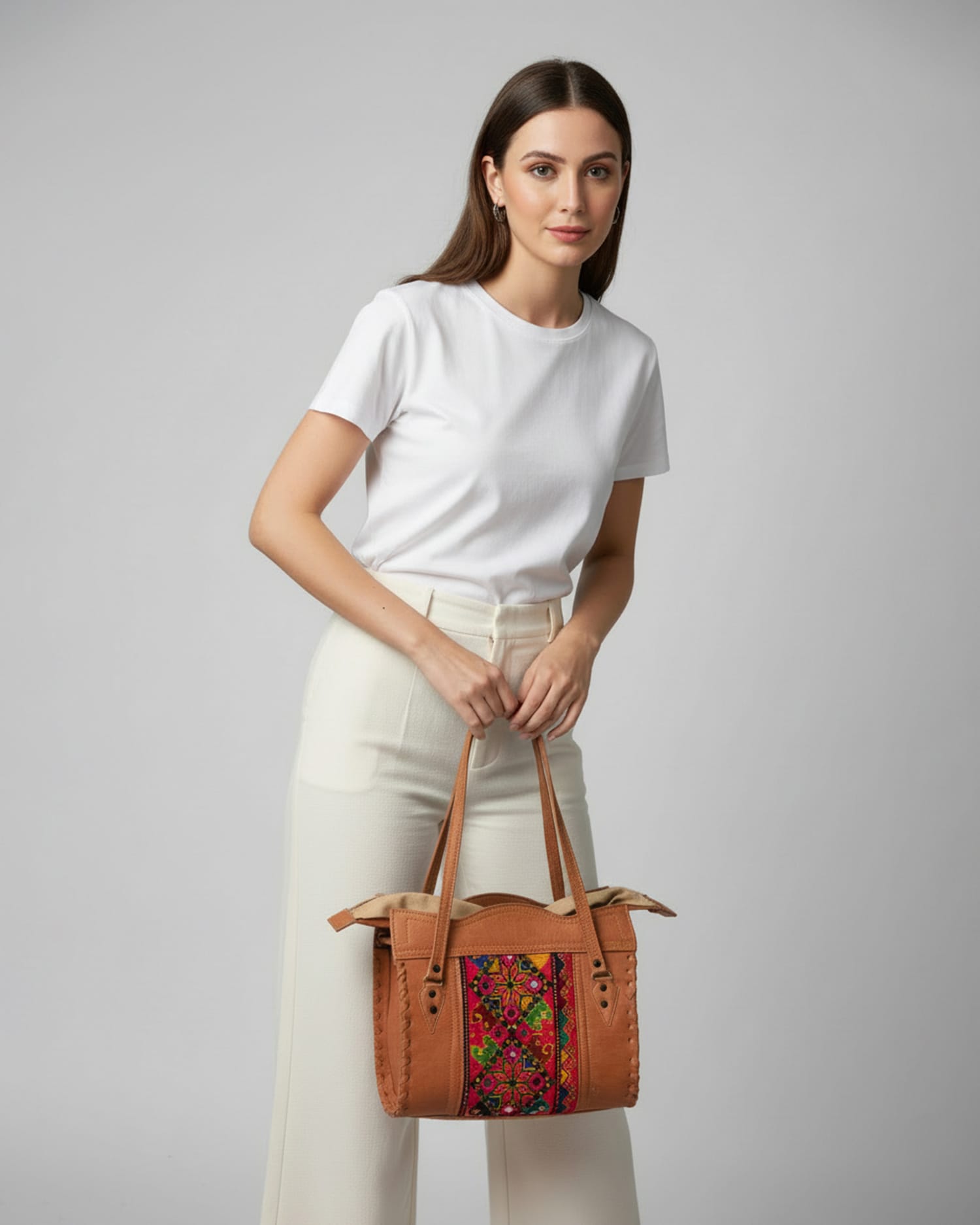 Leather Tote Bag with Colorful Embroidery
