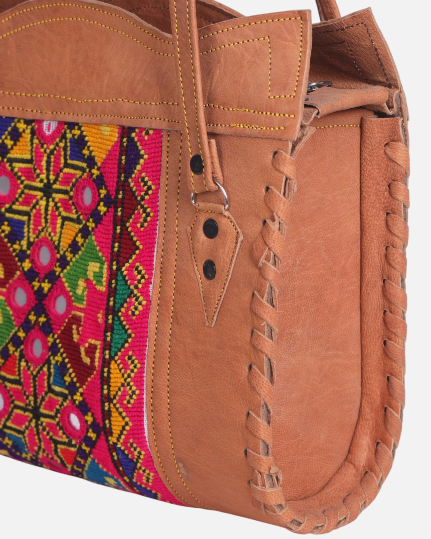 Leather Tote Bag with Colorful Embroidery