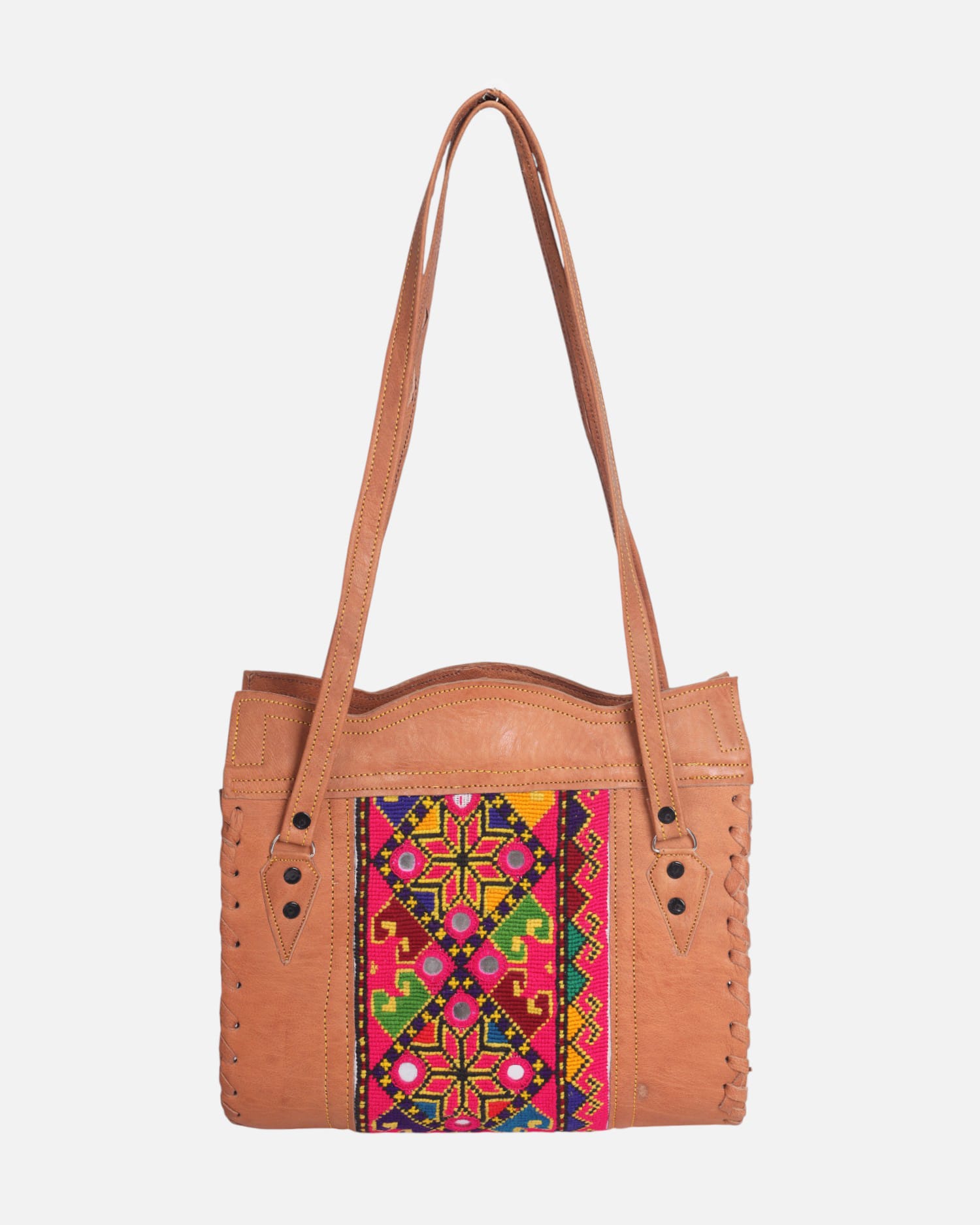 Leather Tote Bag with Colorful Embroidery