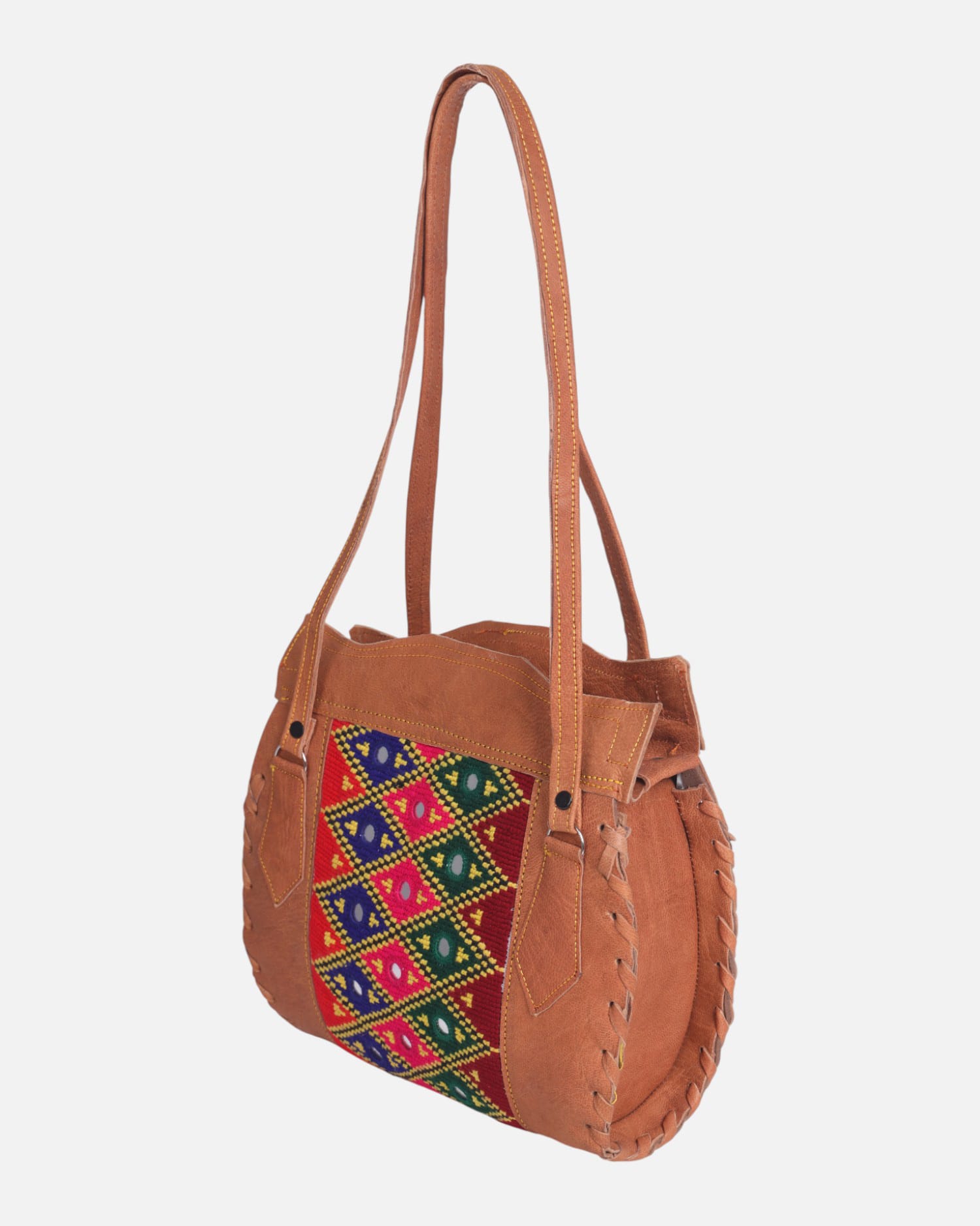 Leather Bag with Colorful Graph Embroidery