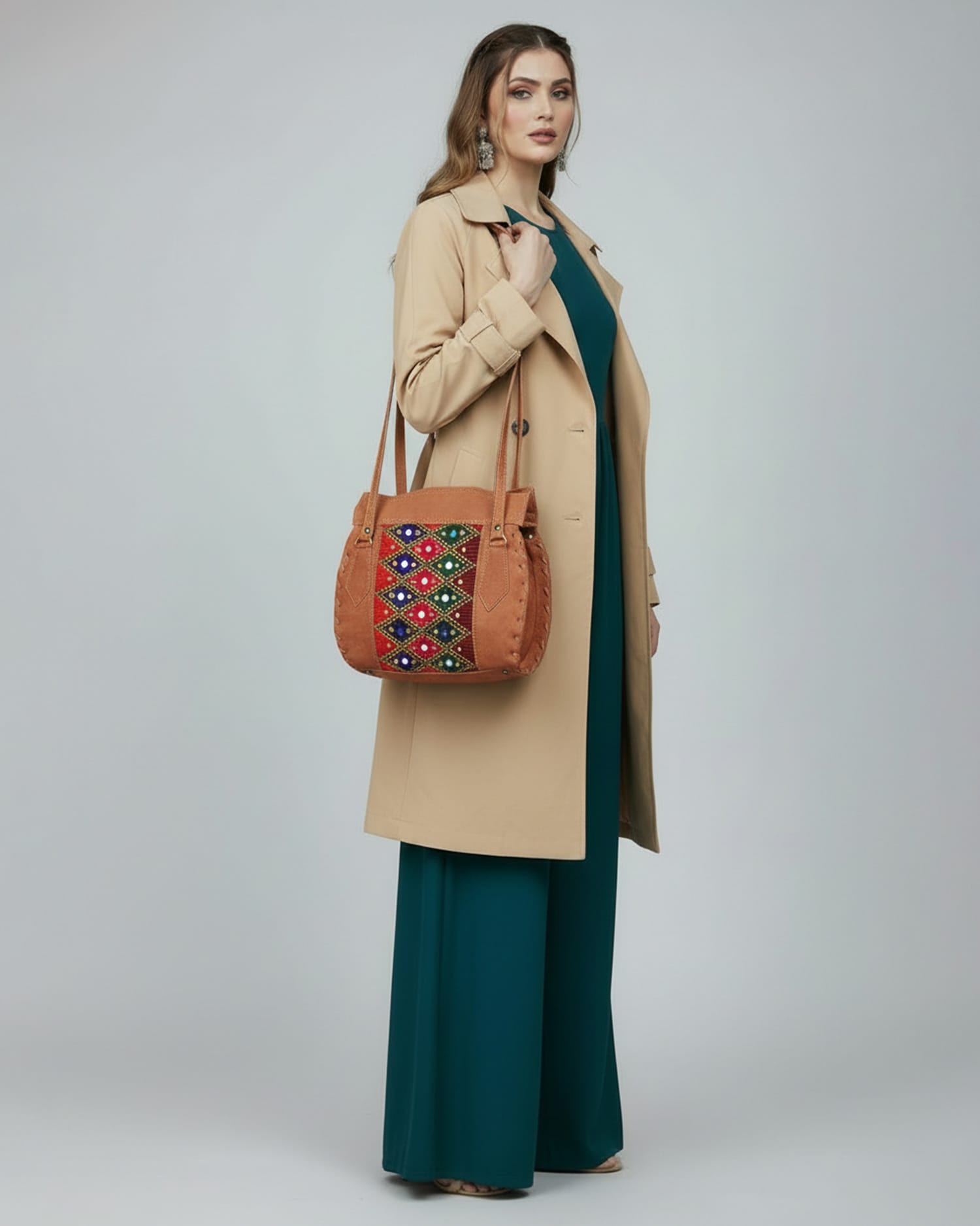 Leather Bag with Colorful Graph Embroidery