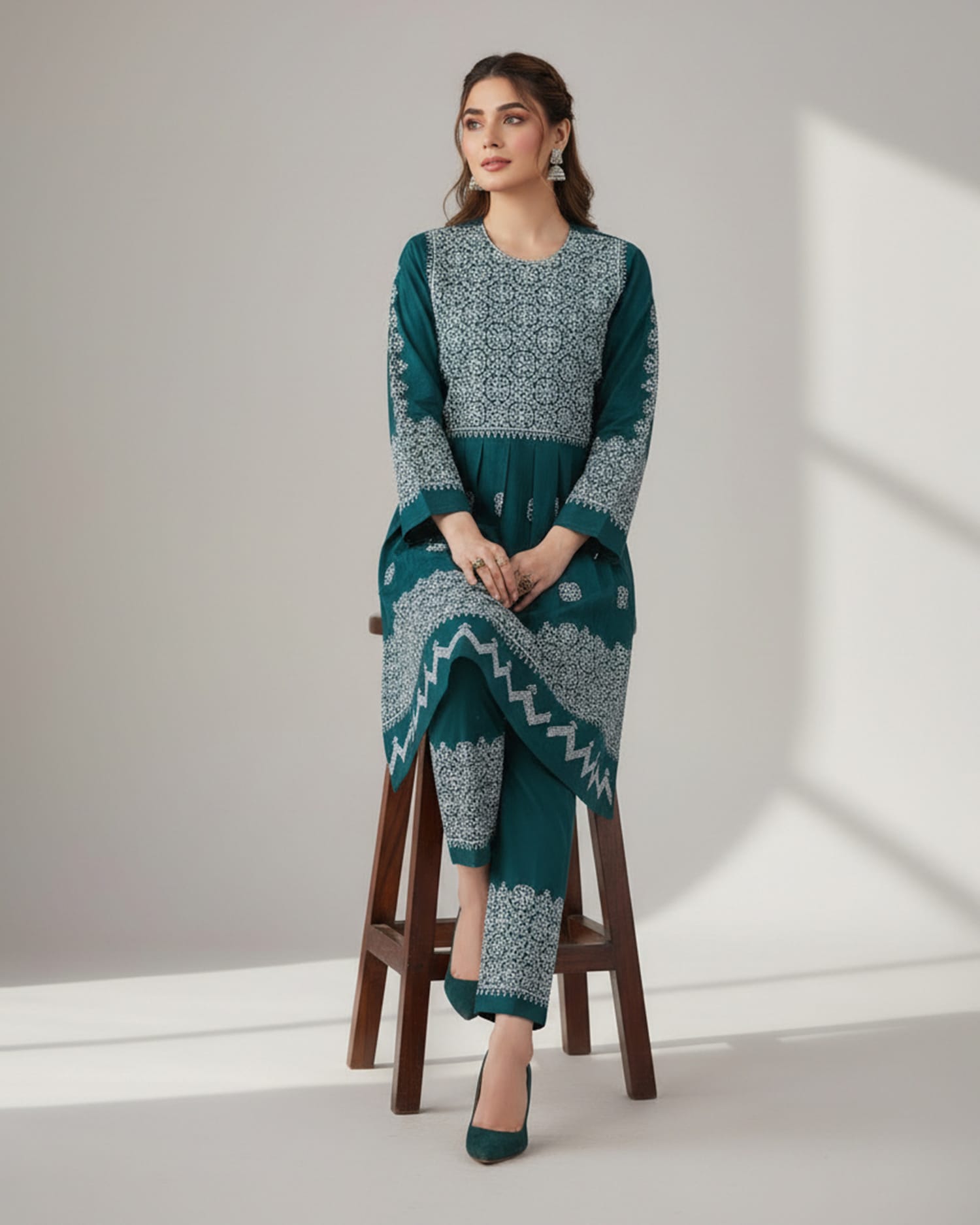 Teal Afghan Embroidered Dress