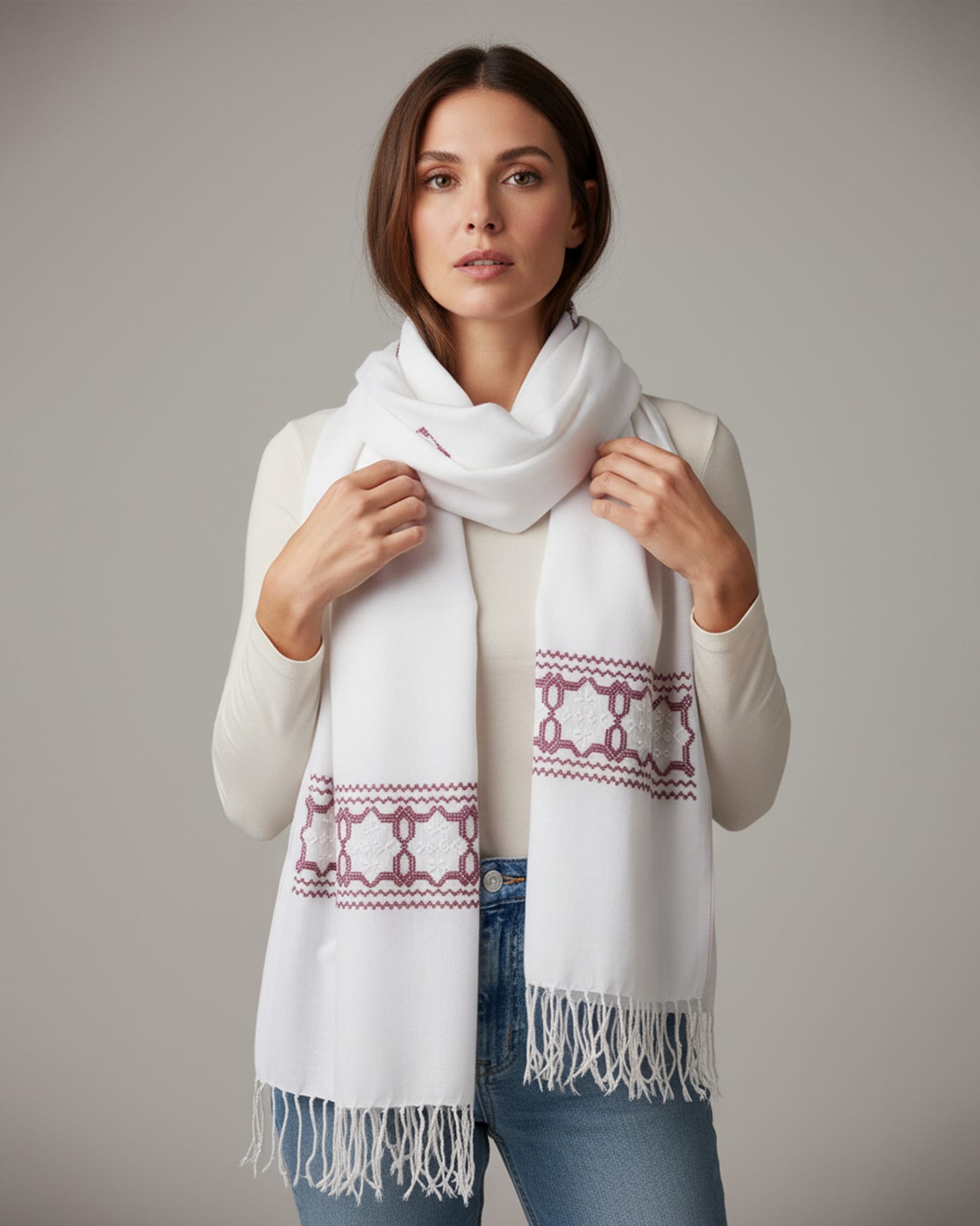 White Afghan Khamak Scarf Handmade