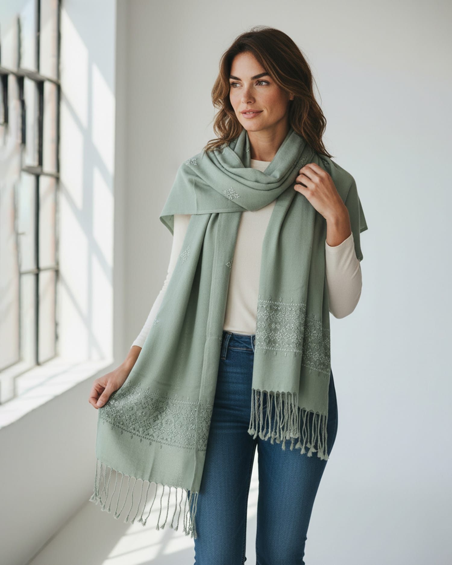 Sage Green Embroidered Women Scarf