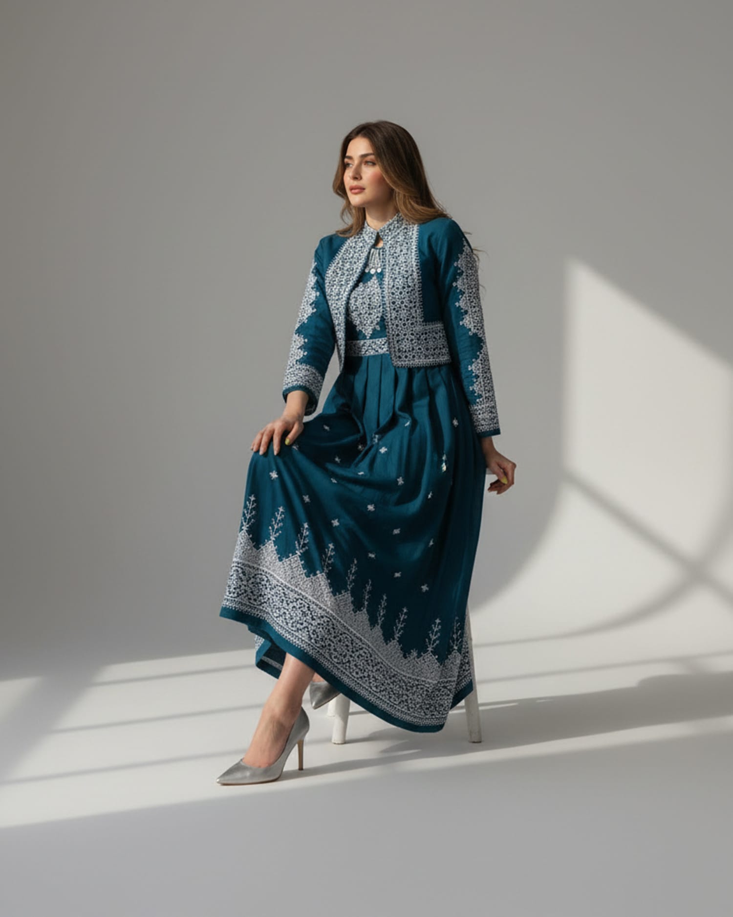 Hazargi Traditional Dress – Teal Blue Embroidered Afghan Dress