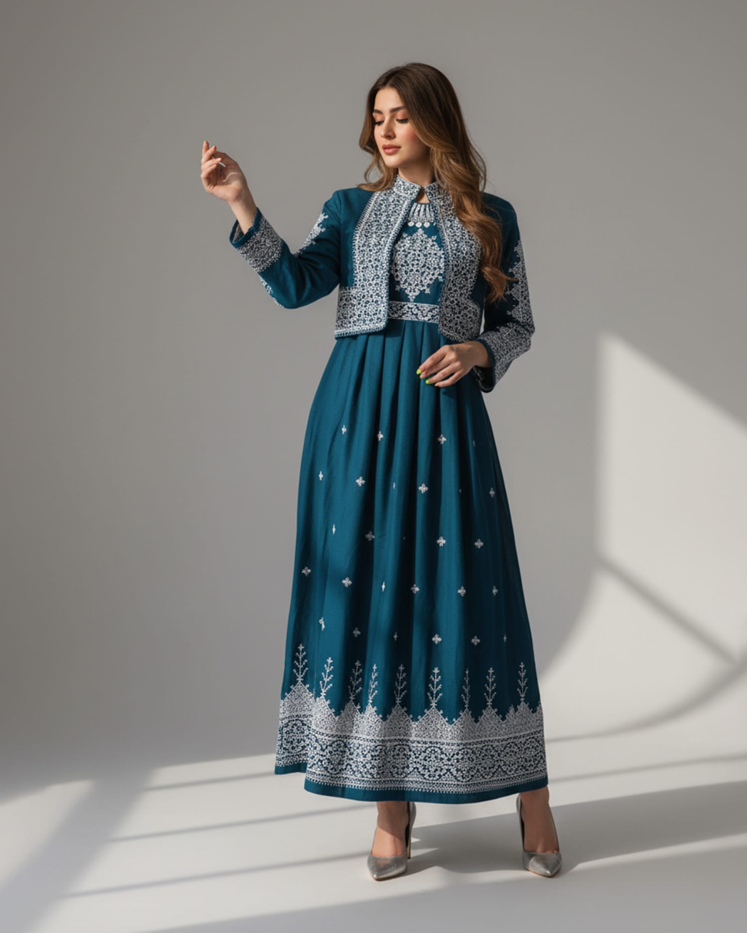 Hazargi Traditional Dress – Teal Blue Embroidered Afghan Dress