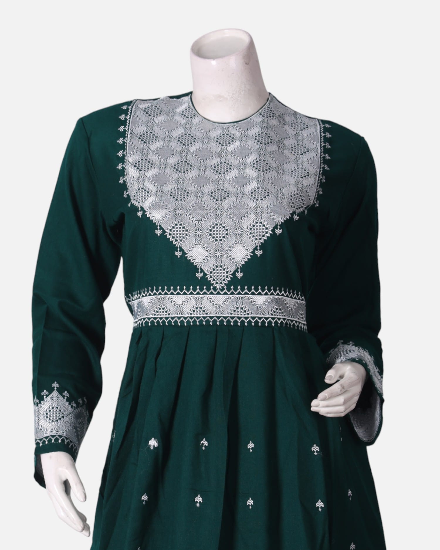 Hazargi Traditional Outfit – Deep Green Embroidered Dress with Shawl