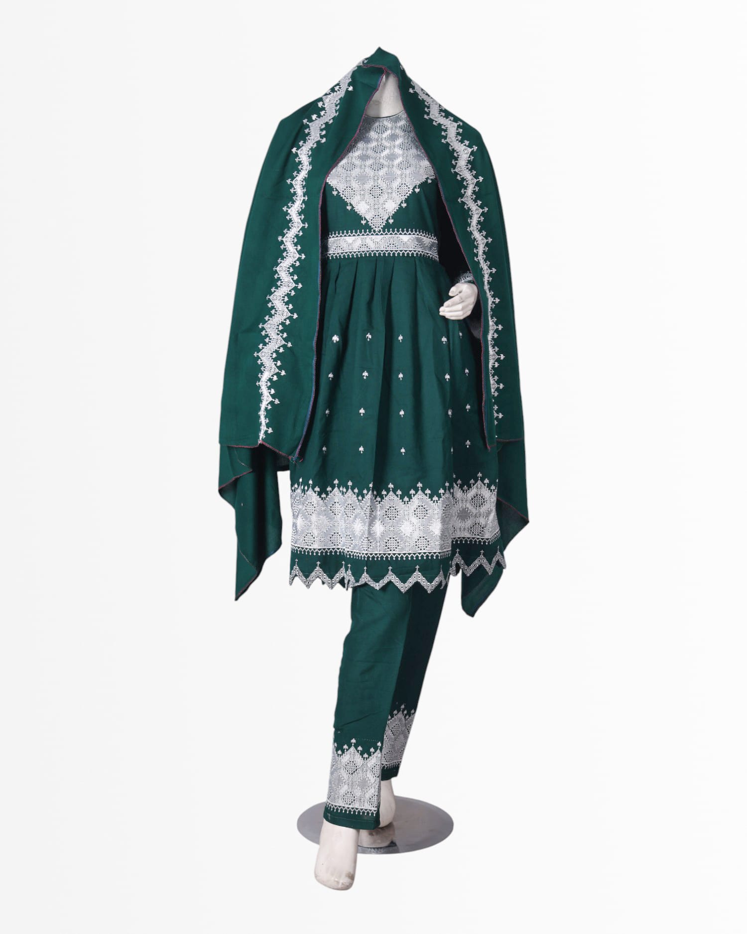 Hazargi Traditional Outfit – Deep Green Embroidered Dress with Shawl