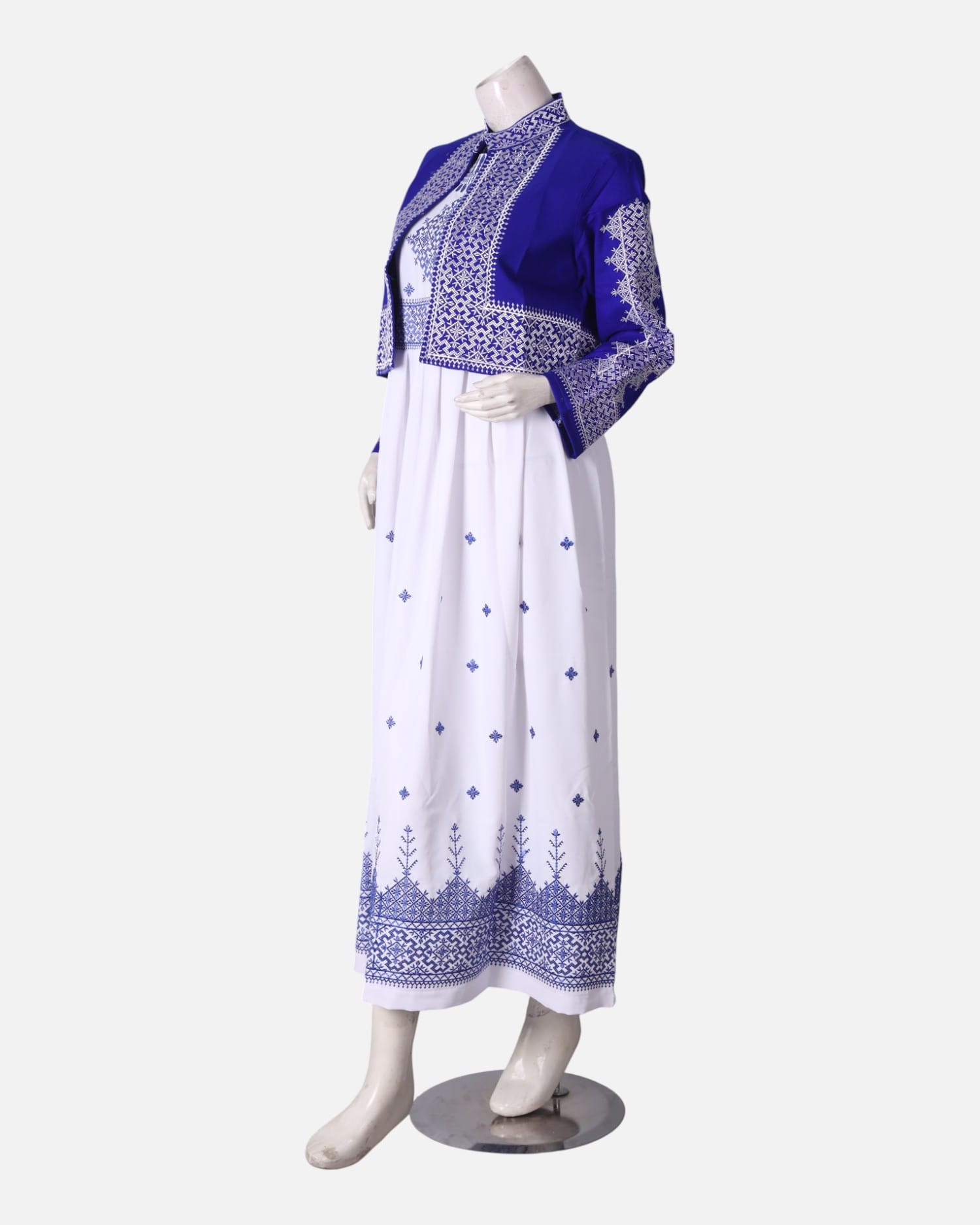 White Embroidered Dress with Blue Jacket