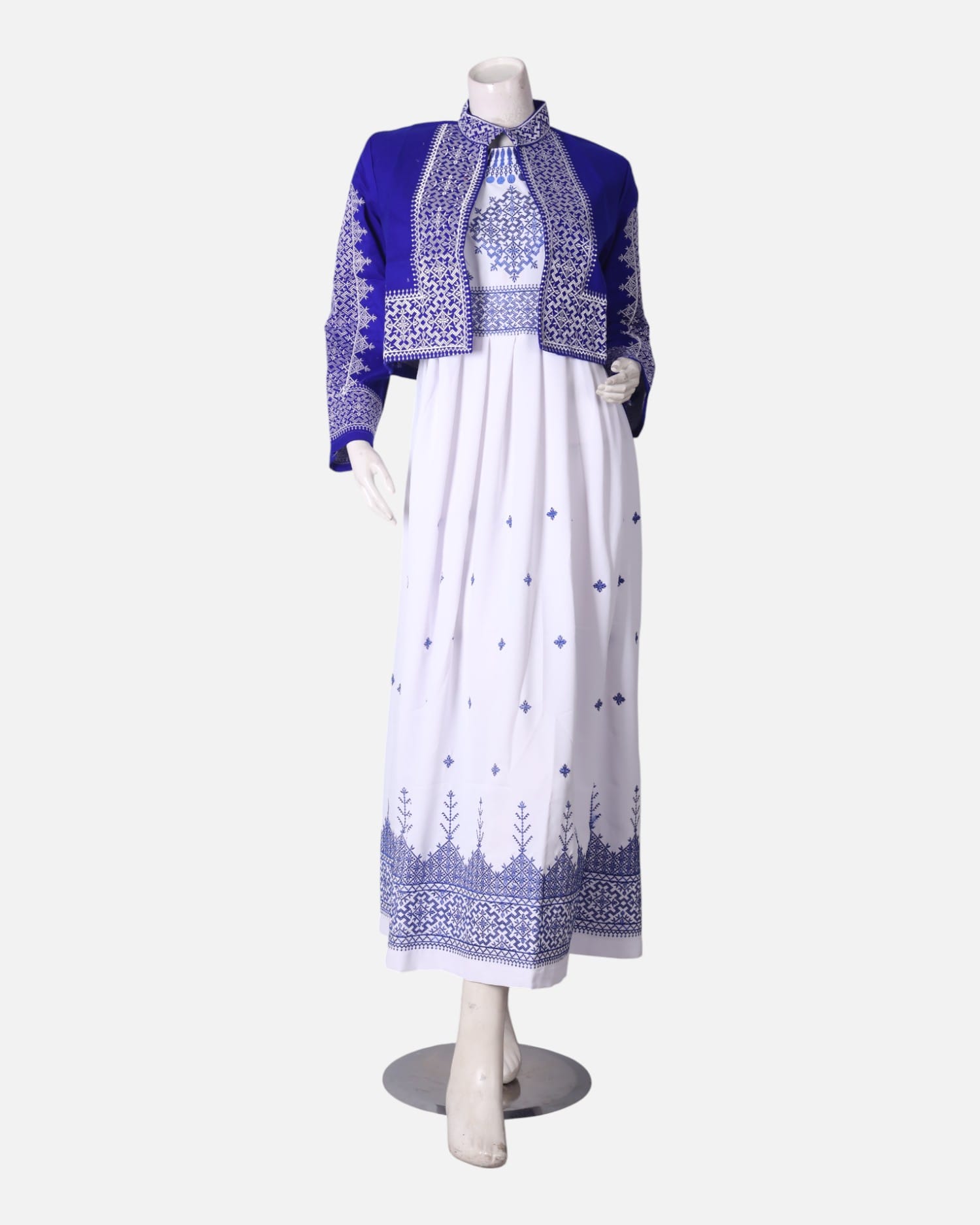 White Embroidered Dress with Blue Jacket