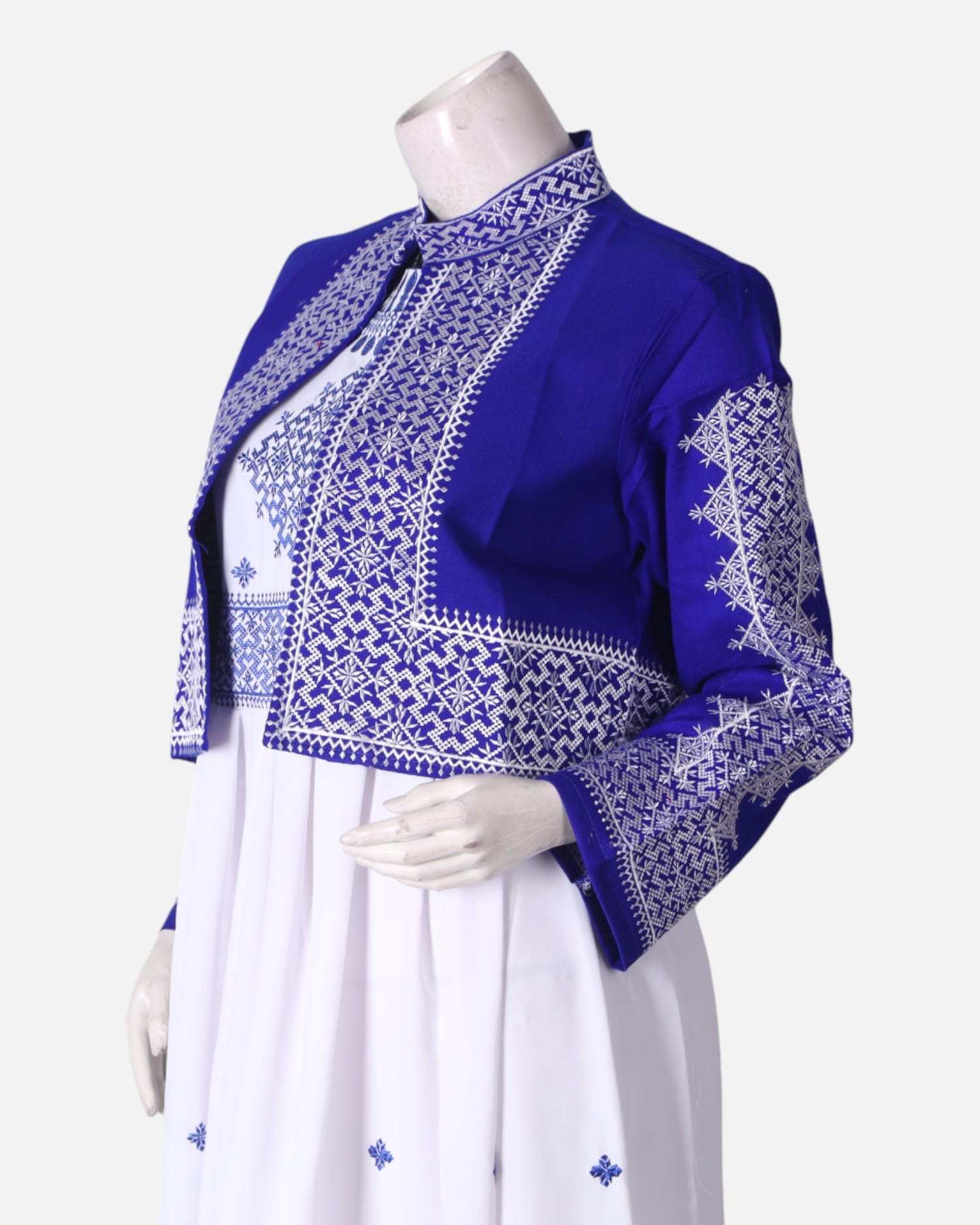 White Embroidered Dress with Blue Jacket