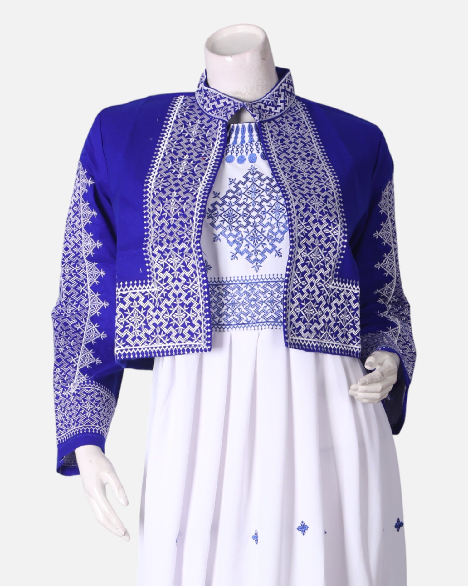 White Embroidered Dress with Blue Jacket