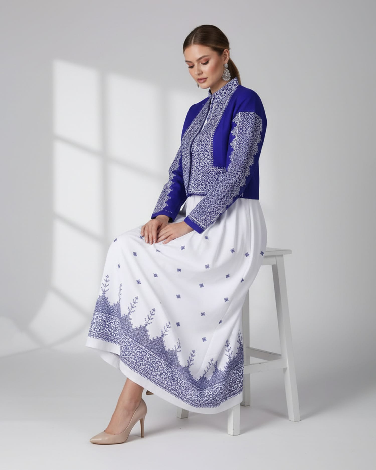 White Embroidered Dress with Blue Jacket