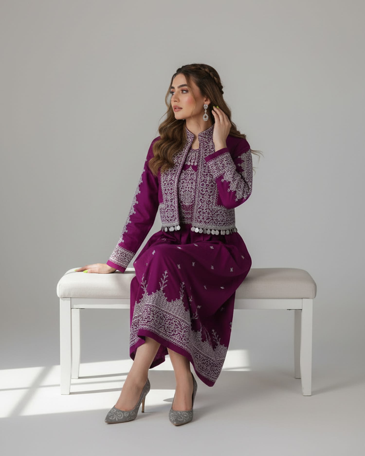 Hazargi Traditional Dress – Purple Embroidered Afghan Dress with Shawl and Trousers