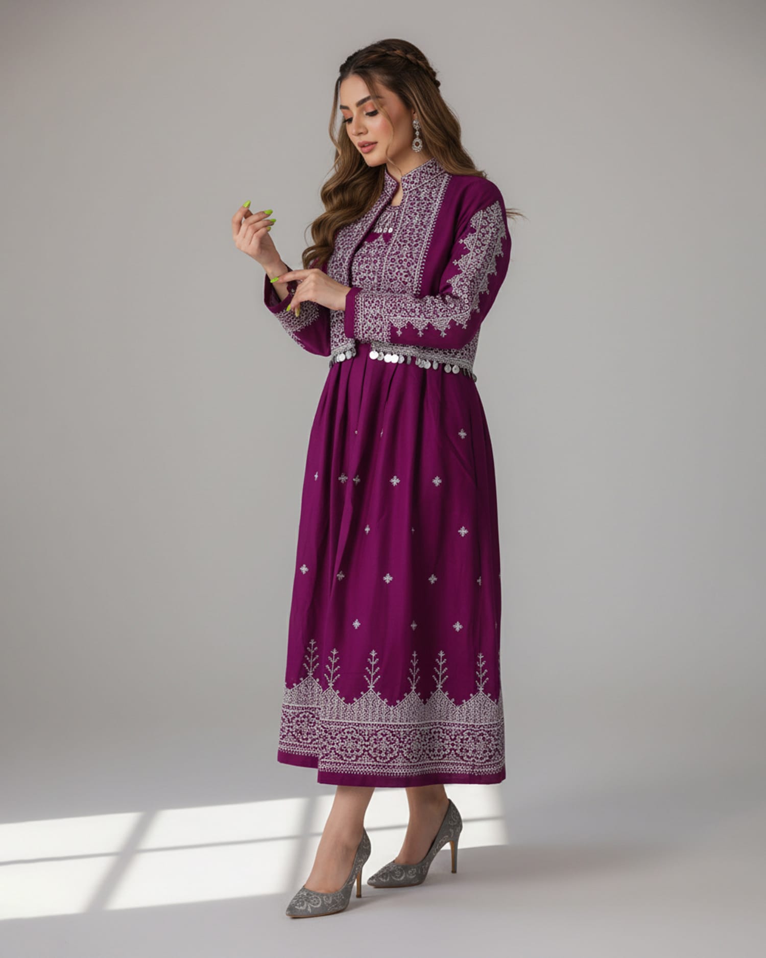 Hazargi Traditional Dress – Purple Embroidered Afghan Dress with Shawl and Trousers