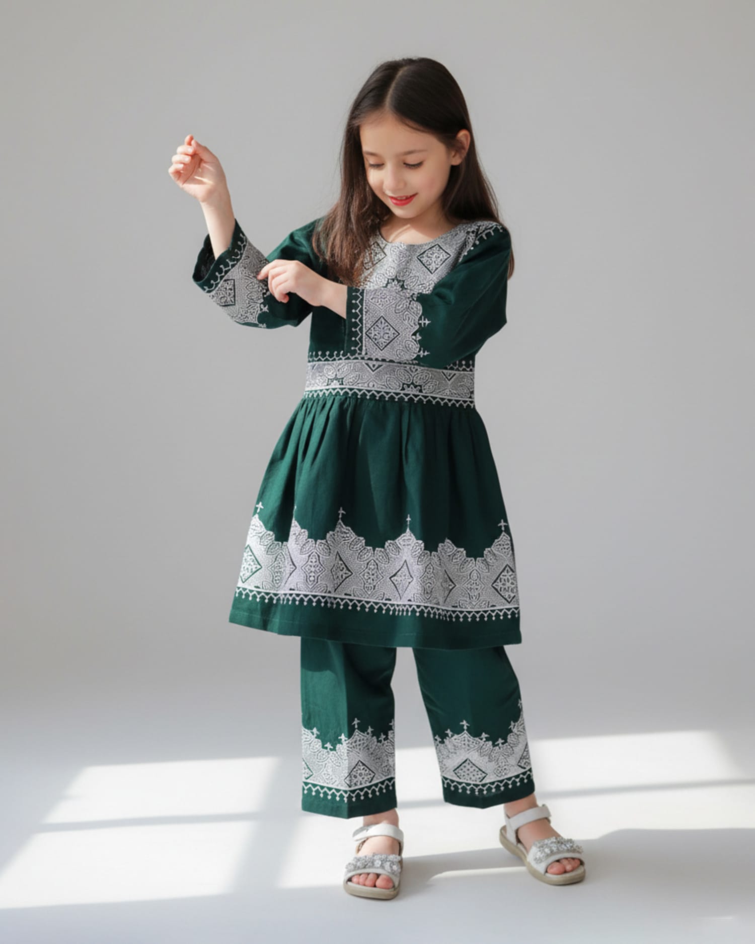 Traditional Afghan Children's Outfit – Green Embroidered Dress and Trousers