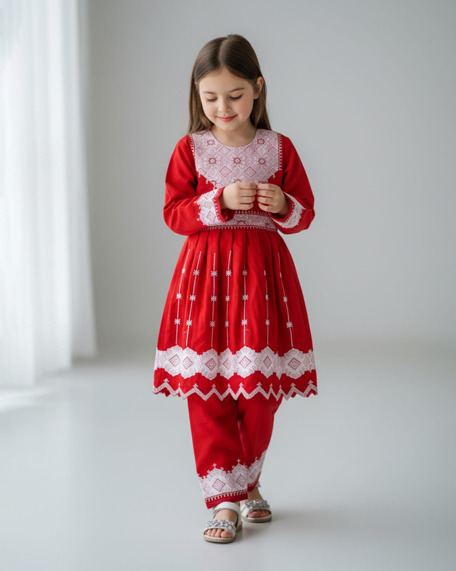 Traditional Afghan Children's Outfit – Red Embroidered Dress and Trousers
