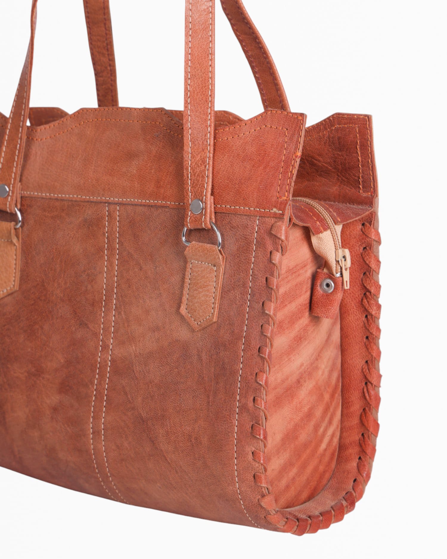 Handmade Tan Leather Handbag – Traditional Afghan Tote with Hand-Stitched Details