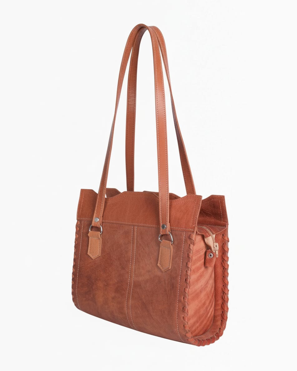 Handmade Tan Leather Handbag – Traditional Afghan Tote with Hand-Stitched Details