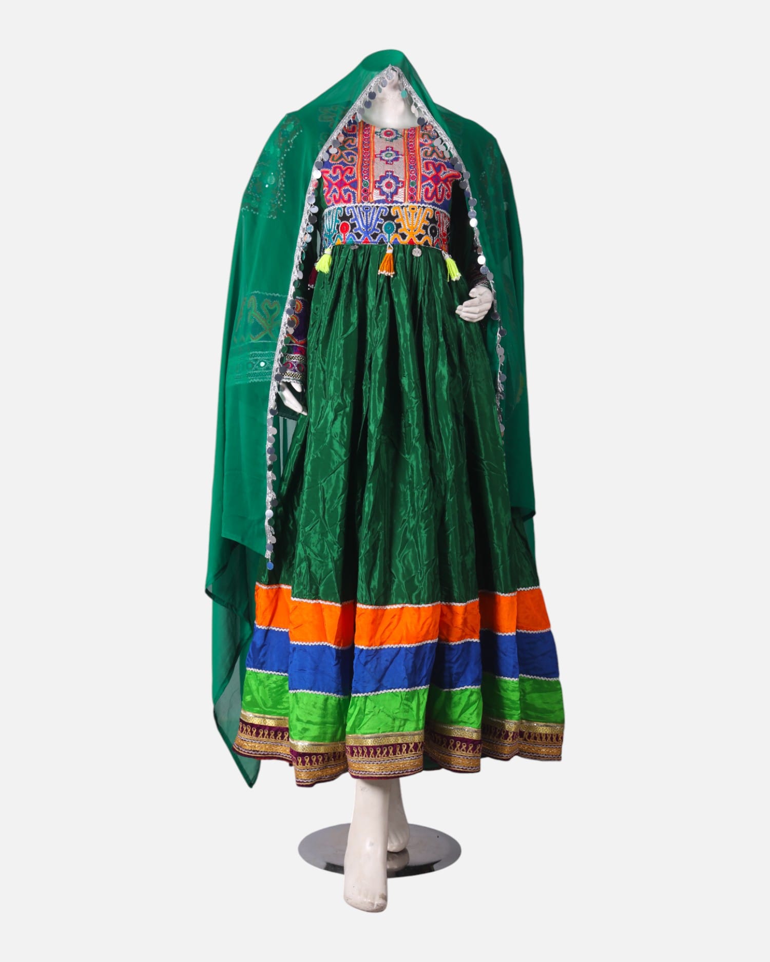 Green Mehfil Dress with Hand Embroidery & Multicolor Border