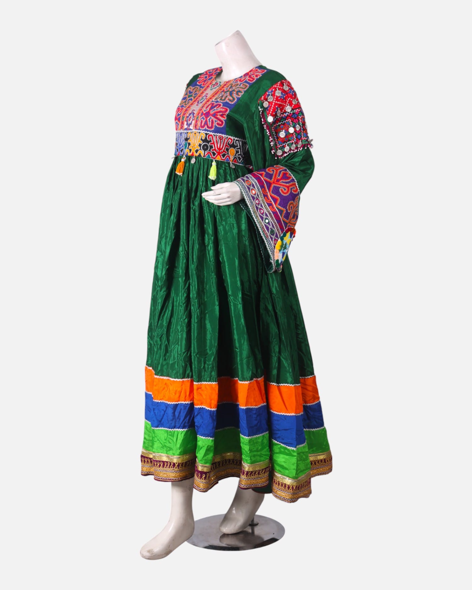 Green Mehfil Dress with Hand Embroidery & Multicolor Border