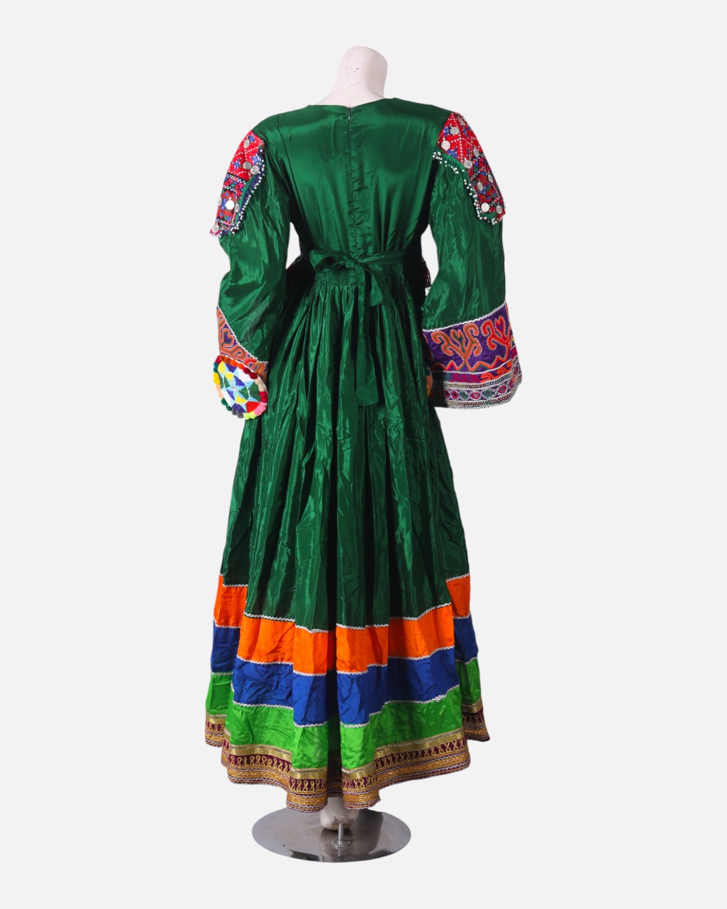 Green Mehfil Dress with Hand Embroidery & Multicolor Border