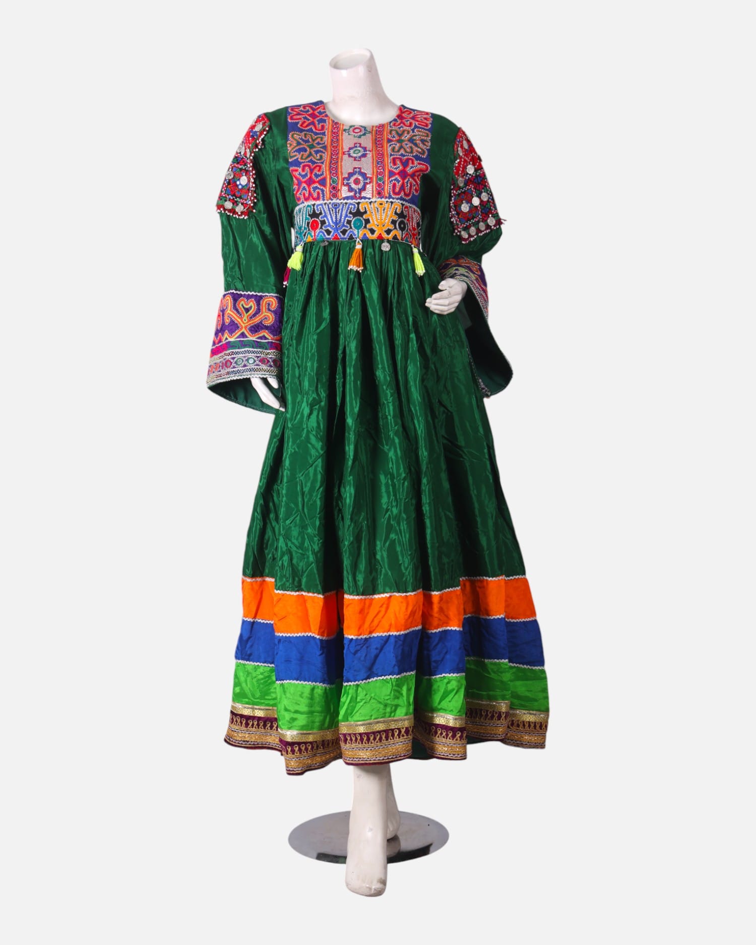 Green Mehfil Dress with Hand Embroidery & Multicolor Border