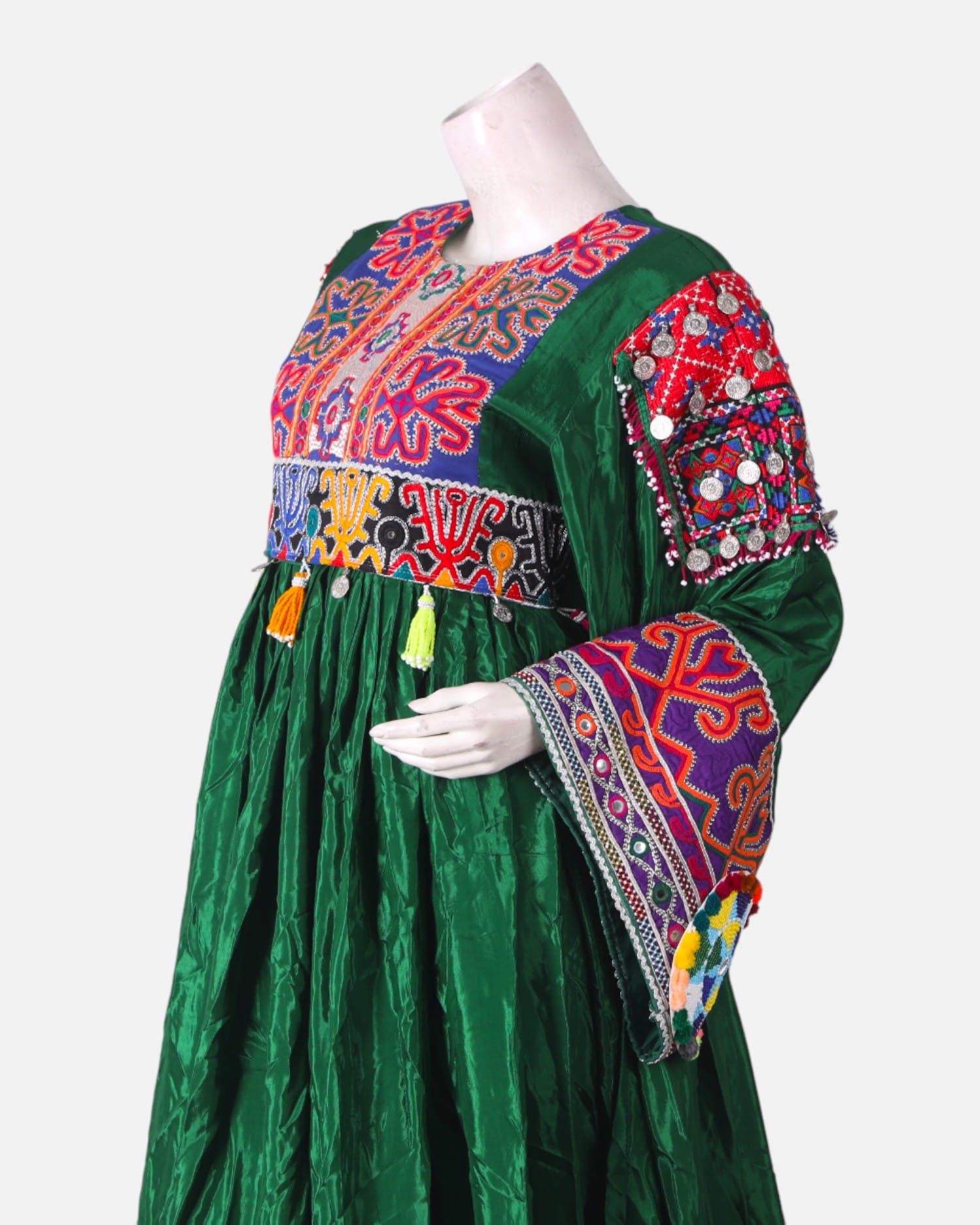 Green Mehfil Dress with Hand Embroidery & Multicolor Border