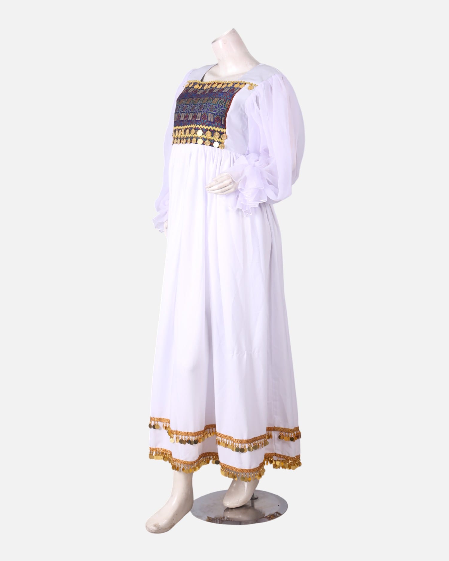 White Handmade Kuchi Dress – Ghand Afghani Mahfili, Traditional Embroidered Festival Dress