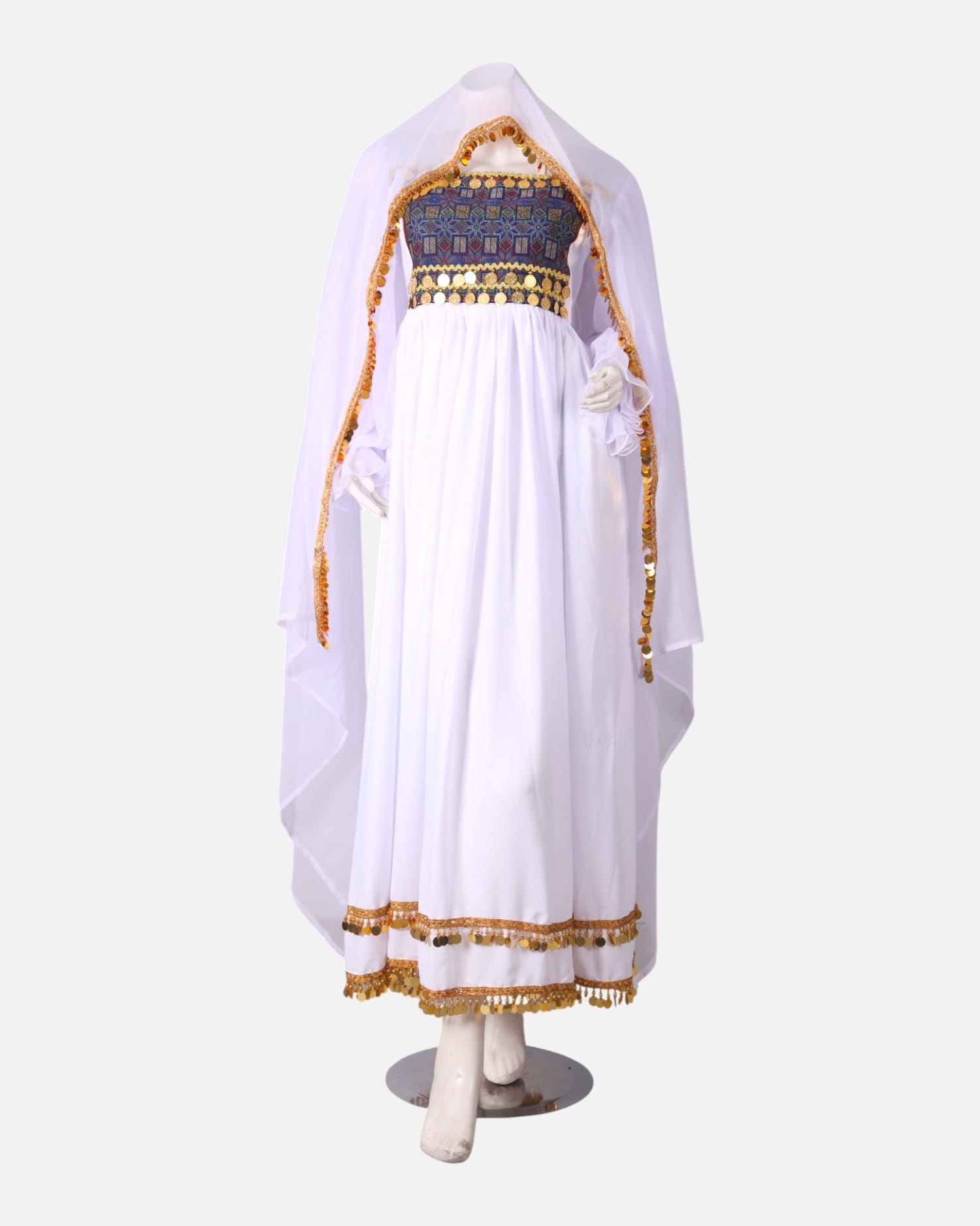 White Handmade Kuchi Dress – Ghand Afghani Mahfili, Traditional Embroidered Festival Dress
