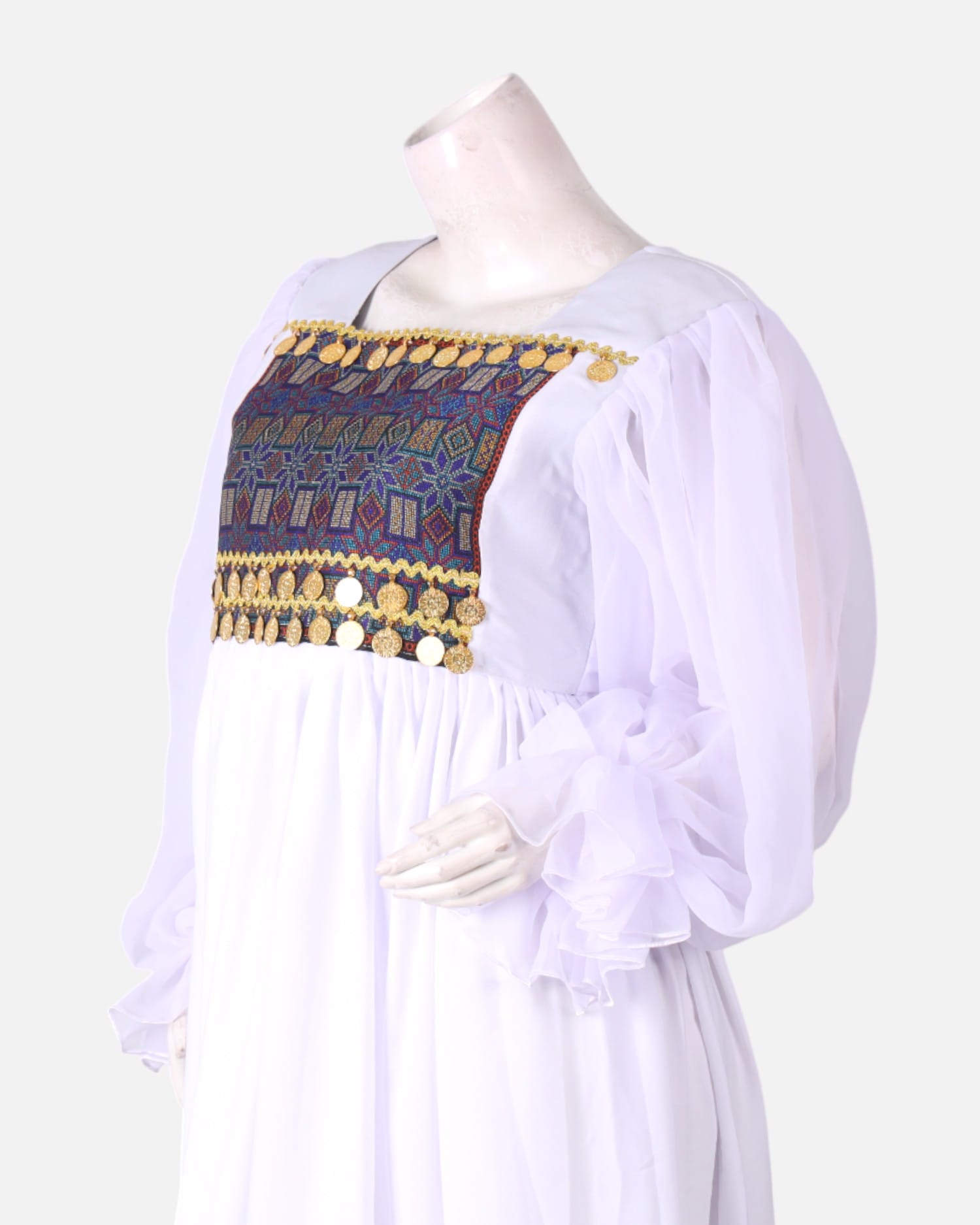 White Handmade Kuchi Dress – Ghand Afghani Mahfili, Traditional Embroidered Festival Dress