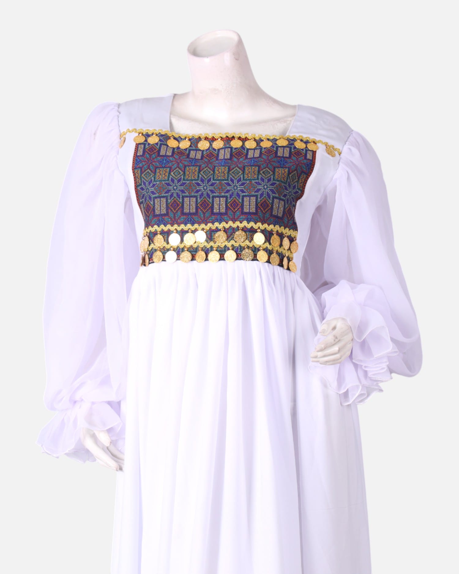 White Handmade Kuchi Dress – Ghand Afghani Mahfili, Traditional Embroidered Festival Dress