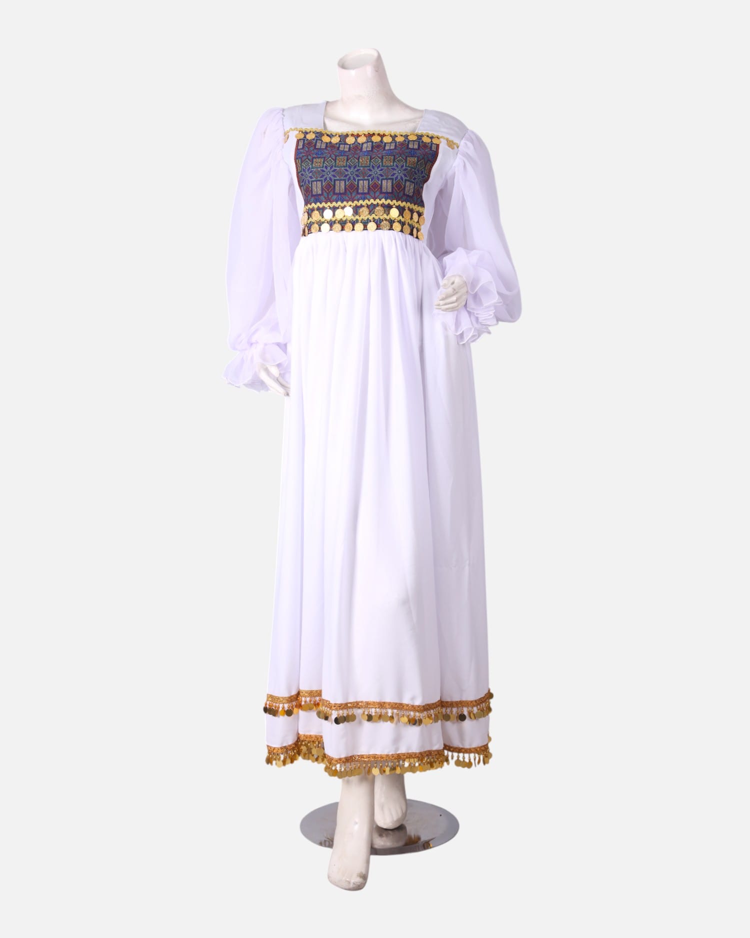 White Handmade Kuchi Dress – Ghand Afghani Mahfili, Traditional Embroidered Festival Dress