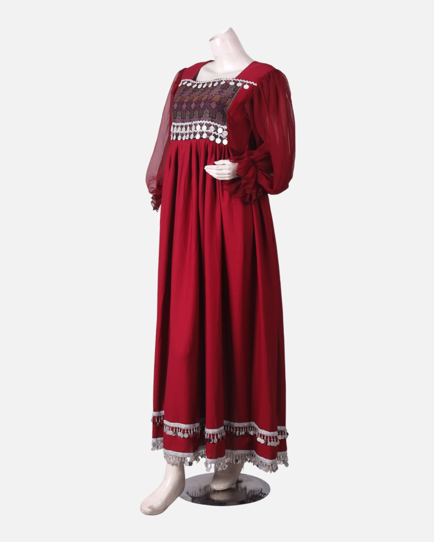 Red Afghan Kuchi Dress – Handmade Embroidered Dress with Coins
